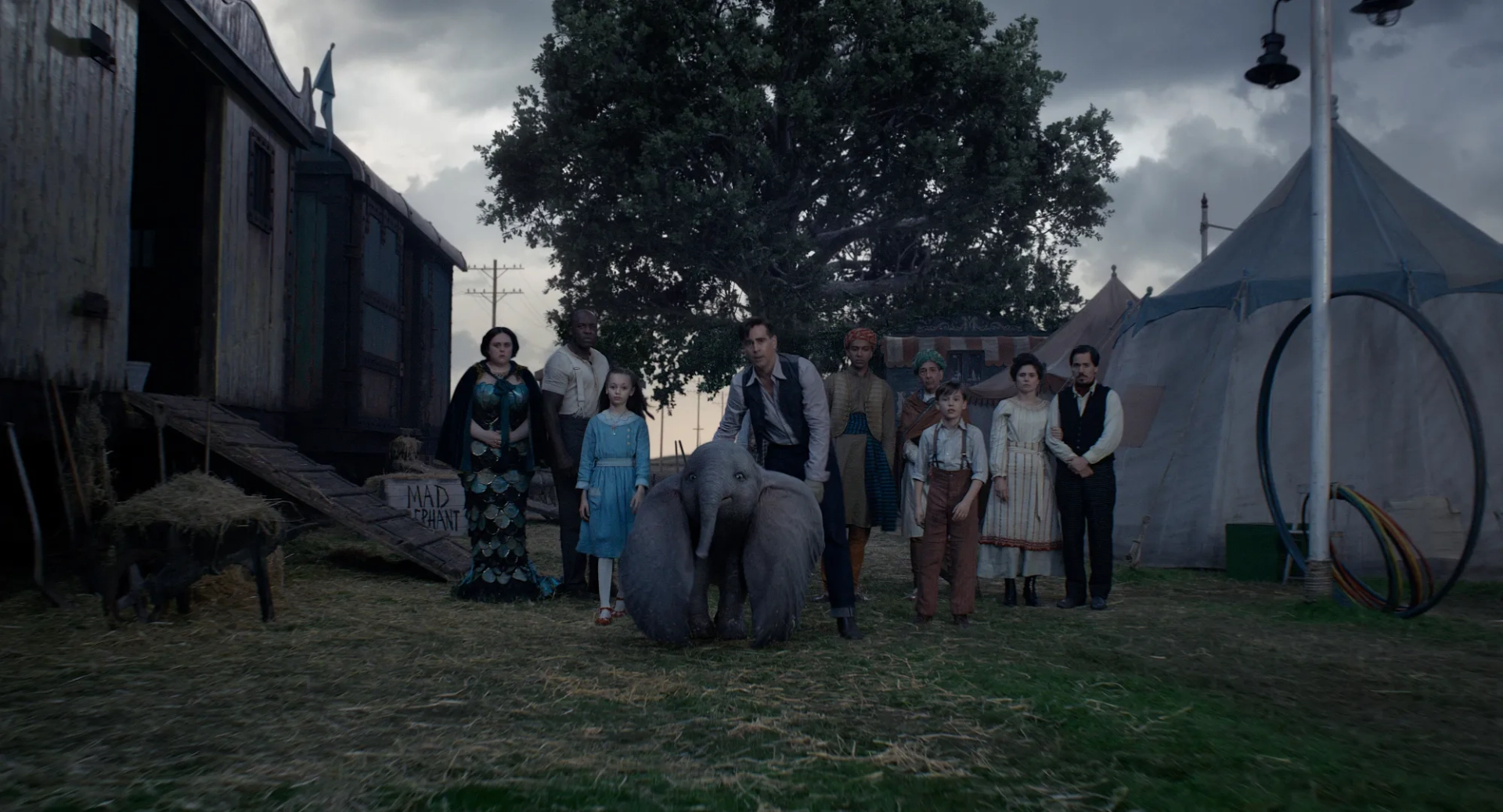 Colin Farrell, Deobia Oparei, Roshan Seth, Sharon Rooney, Ragevan Vasan, Finley Hobbins, Nico Parker, Miguel Muñoz Segura, and Zenaida Alcalde in Dumbo (2019)