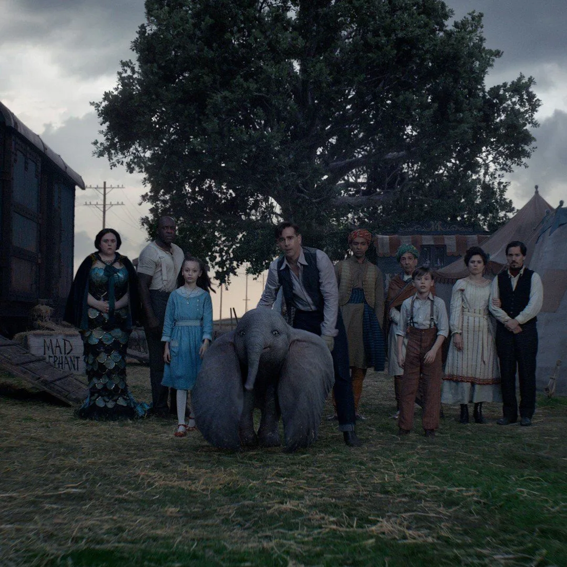 Colin Farrell, Deobia Oparei, Roshan Seth, Sharon Rooney, Ragevan Vasan, Nico Parker, Miguel Muñoz Segura, and Zenaida Alcalde in Dumbo (2019)