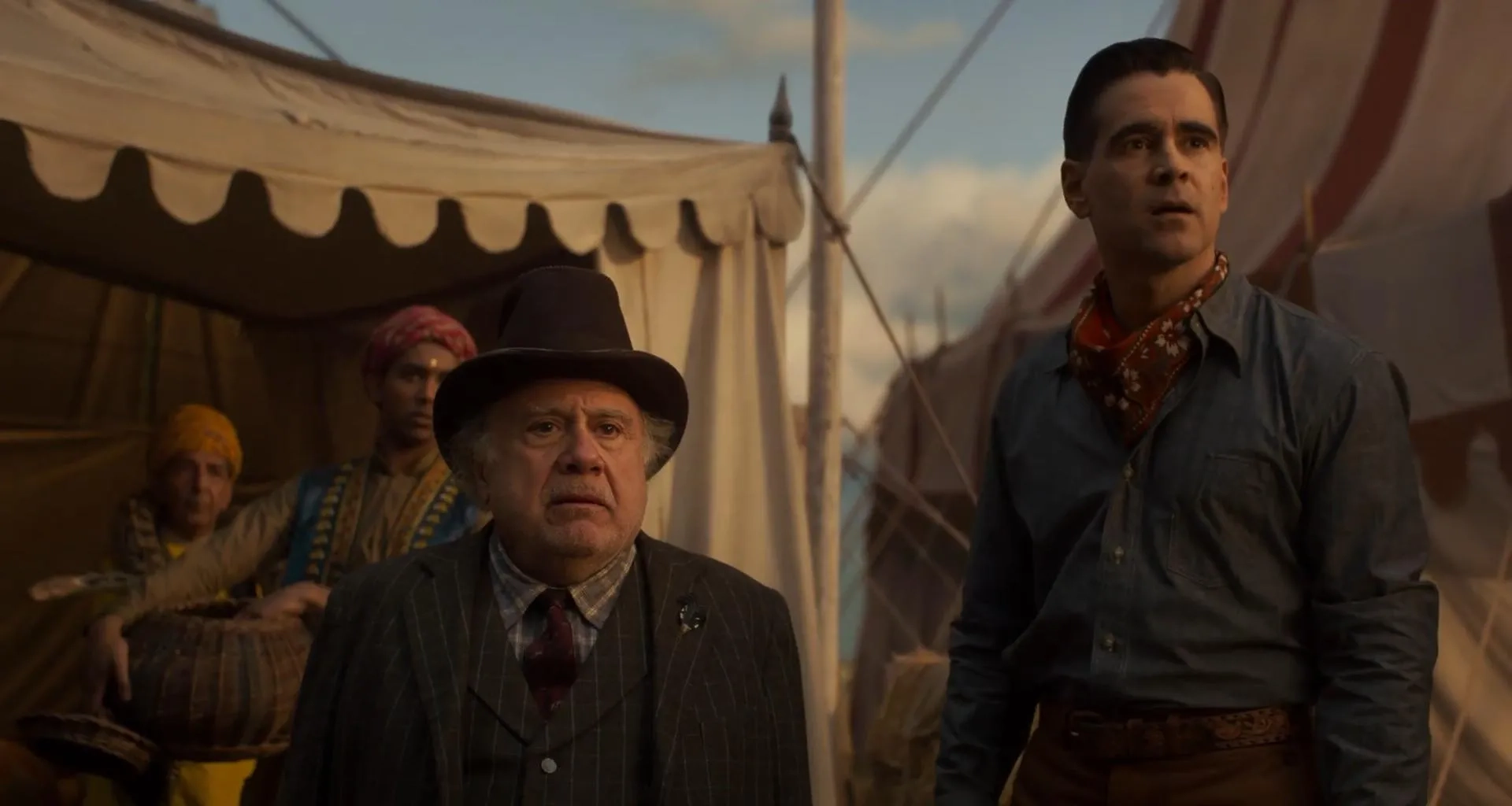 Danny DeVito, Colin Farrell, Roshan Seth, and Ragevan Vasan in Dumbo (2019)