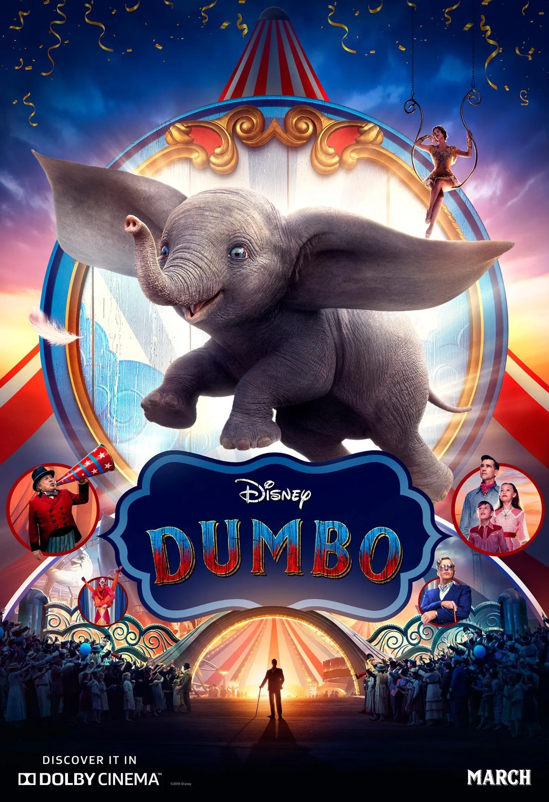 Danny DeVito, Michael Keaton, Colin Farrell, Eva Green, and Nico Parker in Dumbo (2019)