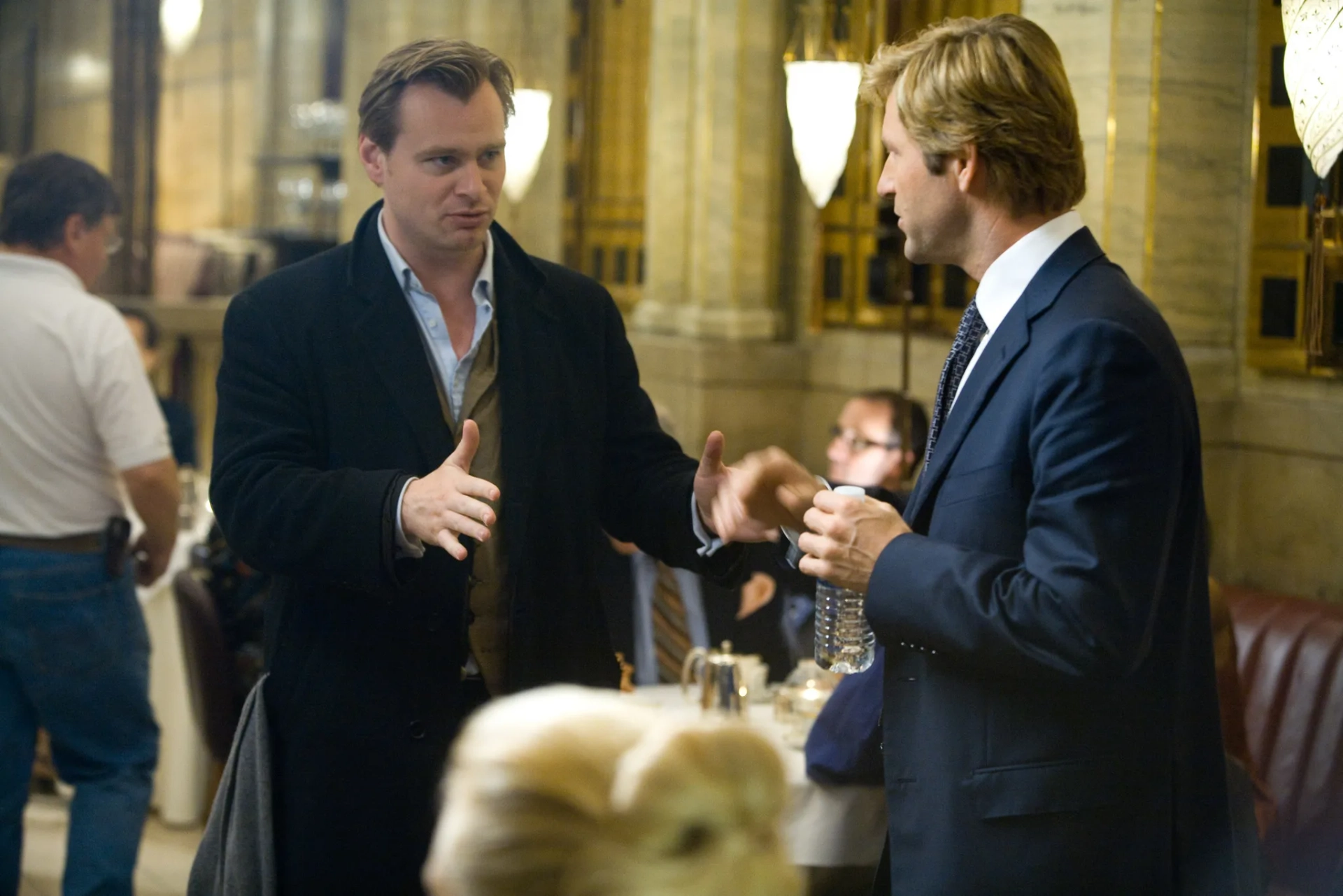 Aaron Eckhart and Christopher Nolan in The Dark Knight (2008)