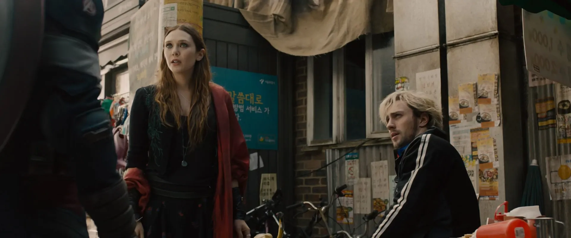 Chris Evans, Elizabeth Olsen, and Aaron Taylor-Johnson in Avengers: Age of Ultron (2015)