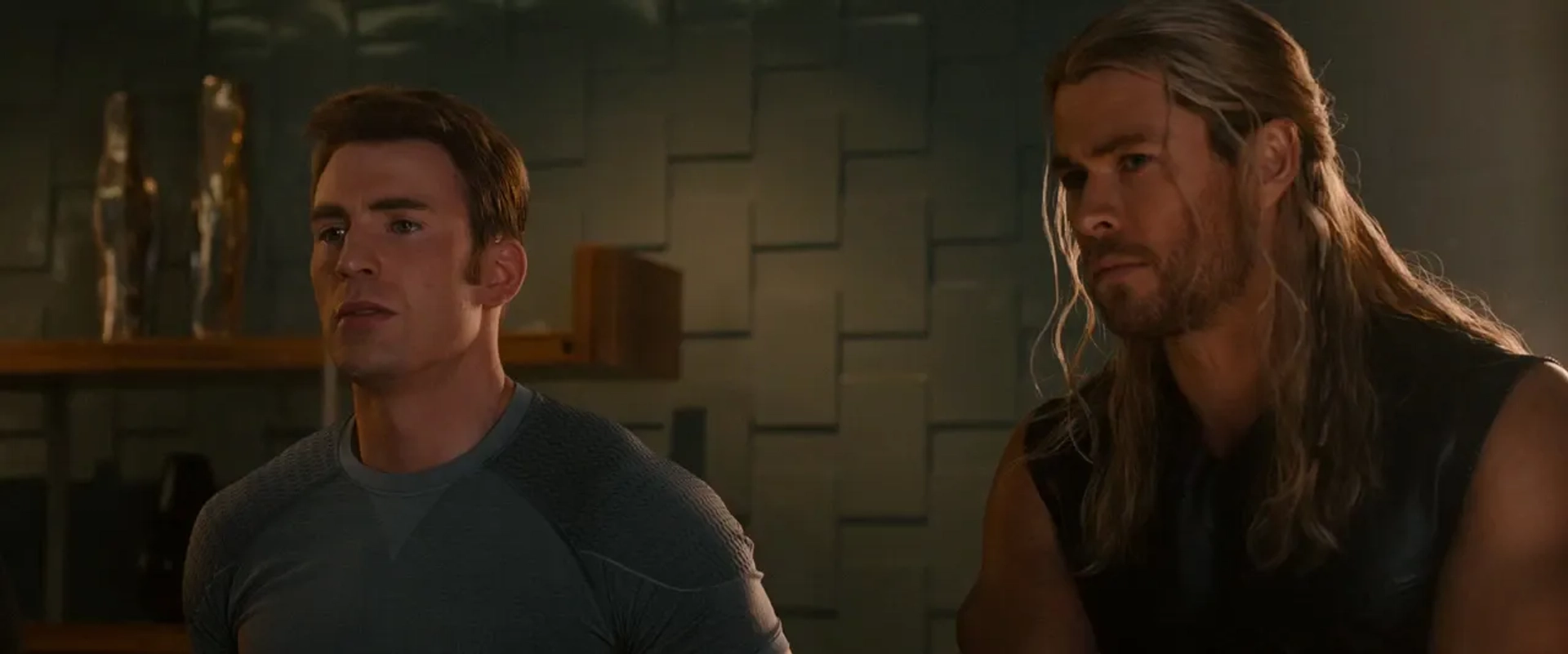 Chris Evans and Chris Hemsworth in Avengers: Age of Ultron (2015)