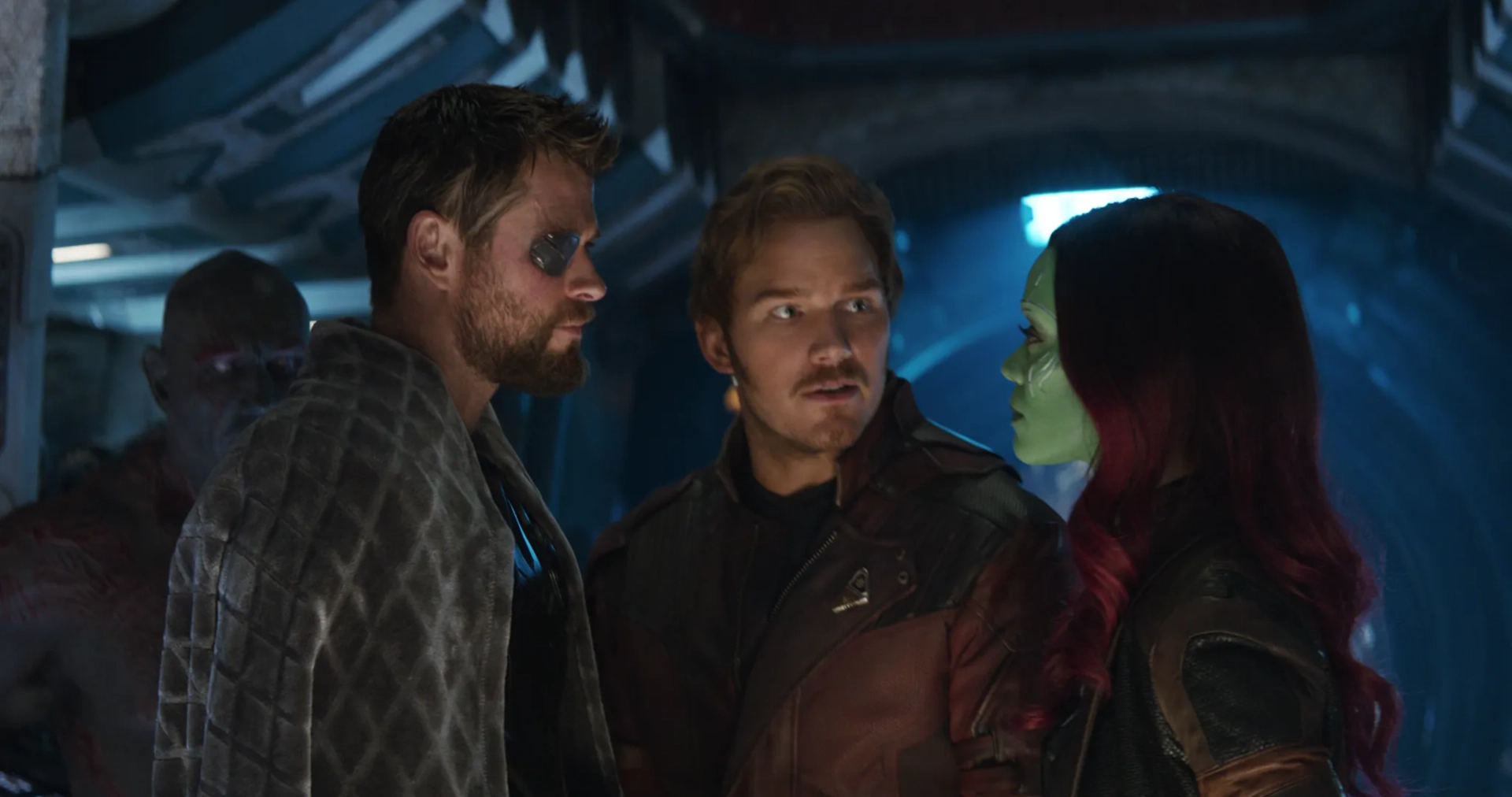 Chris Pratt, Zoe Saldana, Chris Hemsworth, and Dave Bautista in Avengers: Infinity War (2018)