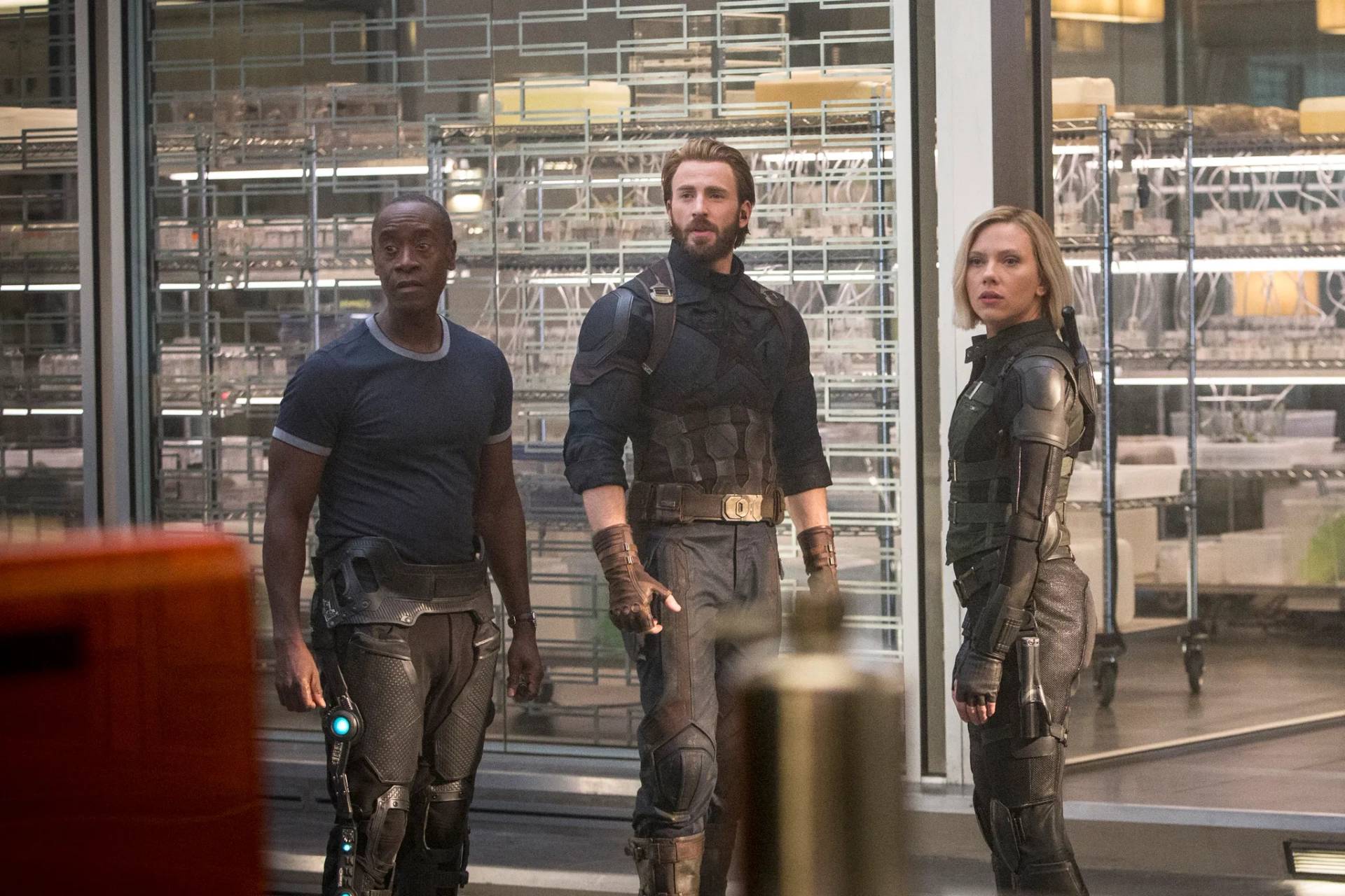 Don Cheadle, Chris Evans, and Scarlett Johansson in Avengers: Infinity War (2018)