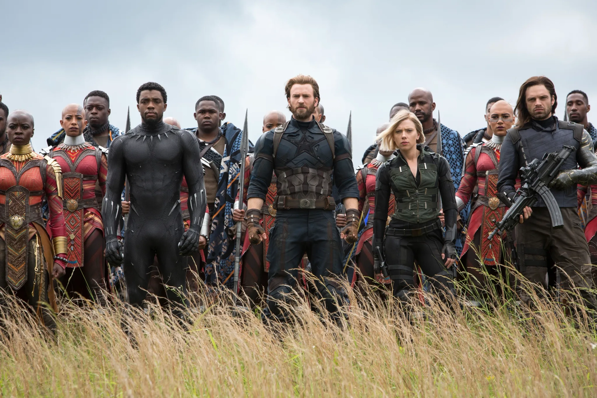 Chris Evans, Scarlett Johansson, Chadwick Boseman, Sebastian Stan, Danai Gurira, and Marie Mouroum in Avengers: Infinity War (2018)