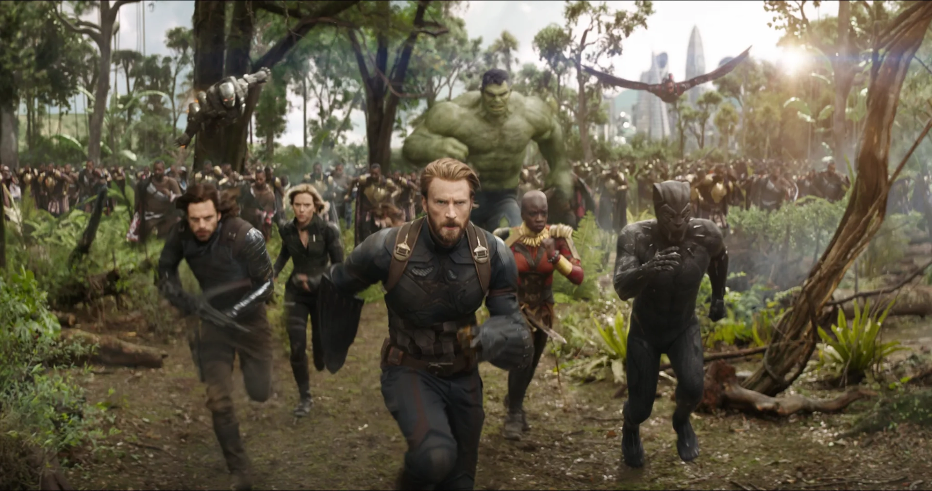 Don Cheadle, Chris Evans, Scarlett Johansson, Mark Ruffalo, Anthony Mackie, Chadwick Boseman, Sebastian Stan, and Danai Gurira in Avengers: Infinity War (2018)