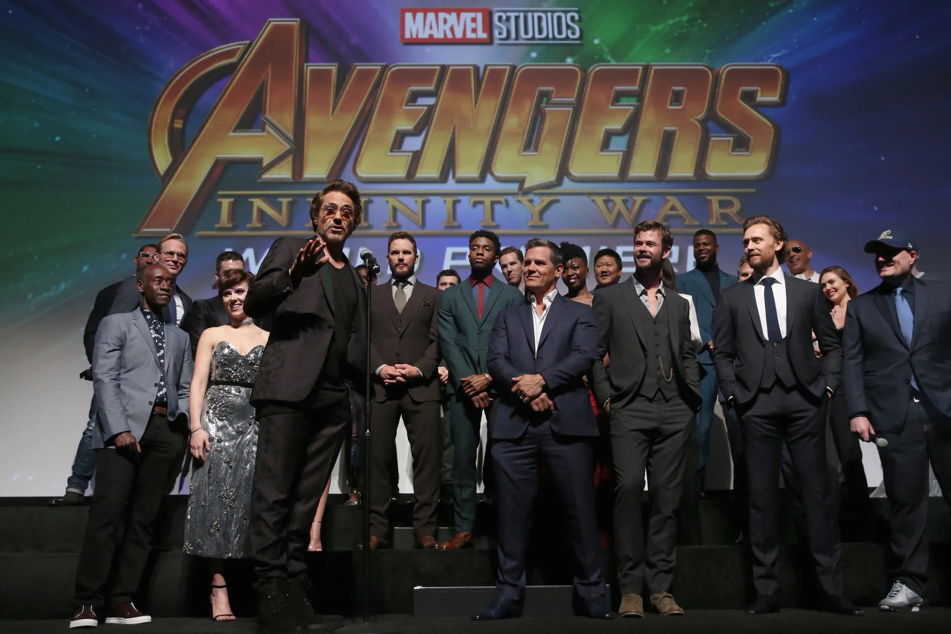 Robert Downey Jr., Josh Brolin, Vin Diesel, Paul Bettany, Kevin Feige, Scarlett Johansson, Elizabeth Olsen, Chris Pratt, Mark Ruffalo, Zoe Saldana, Benedict Wong, Chris Hemsworth, Dave Bautista, Benedict Cumberbatch, Chadwick Boseman, Letitia Wright, Tom Holland, and Winston Duke at an event for Avengers: Infinity War (2018)