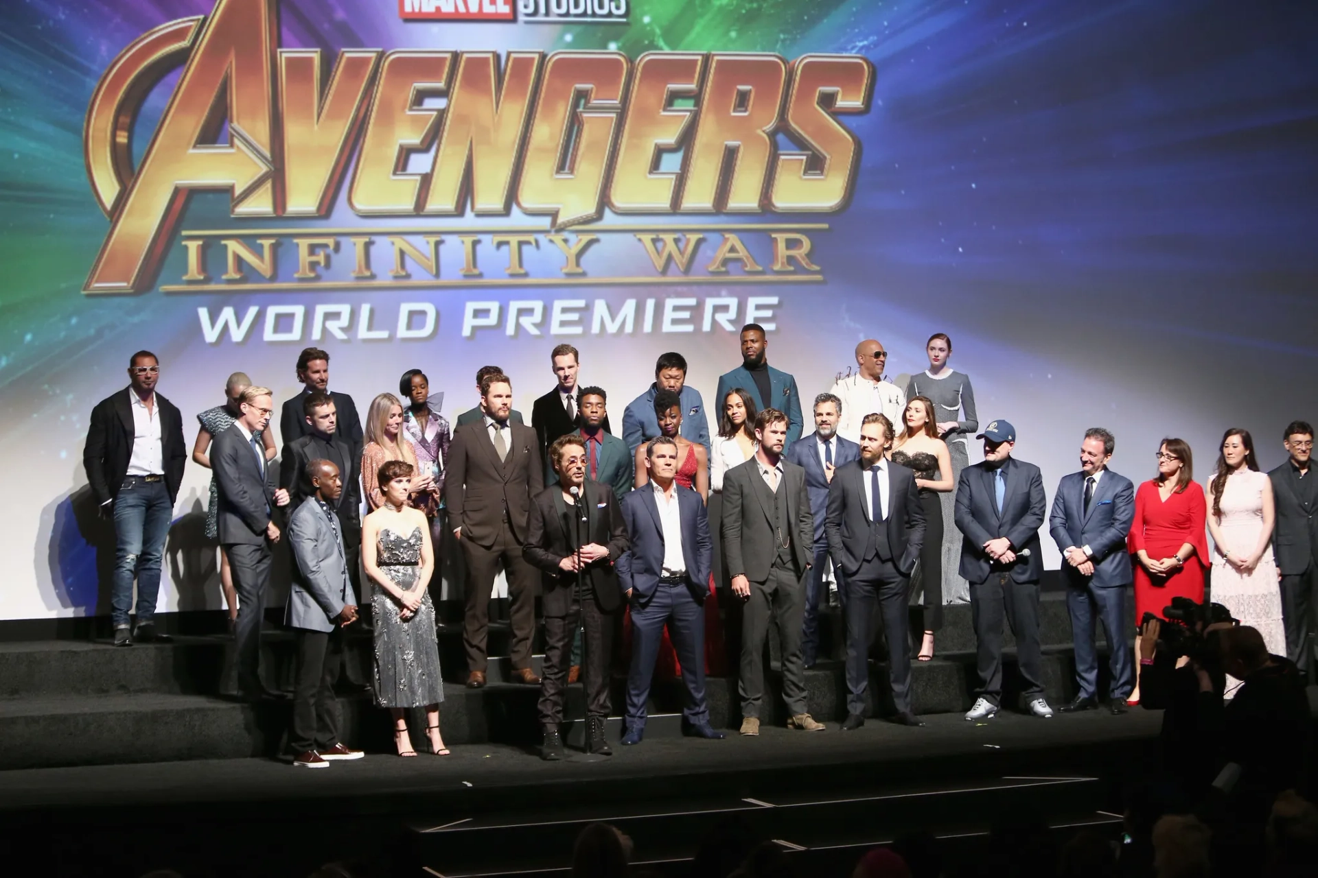 Don Cheadle, Robert Downey Jr., Gwyneth Paltrow, Josh Brolin, Vin Diesel, Paul Bettany, Bradley Cooper, Louis D'Esposito, Kevin Feige, Scarlett Johansson, Elizabeth Olsen, Chris Pratt, Mark Ruffalo, Anthony Russo, Zoe Saldana, Benedict Wong, Tom Hiddleston, Chris Hemsworth, Dave Bautista, Benedict Cumberbatch, Chadwick Boseman, Sebastian Stan, Danai Gurira, Karen Gillan, Trinh Tran, Pom Klementieff, Letitia Wright, Tom Holland, and Winston Duke at an event for Avengers: Infinity War (2018)