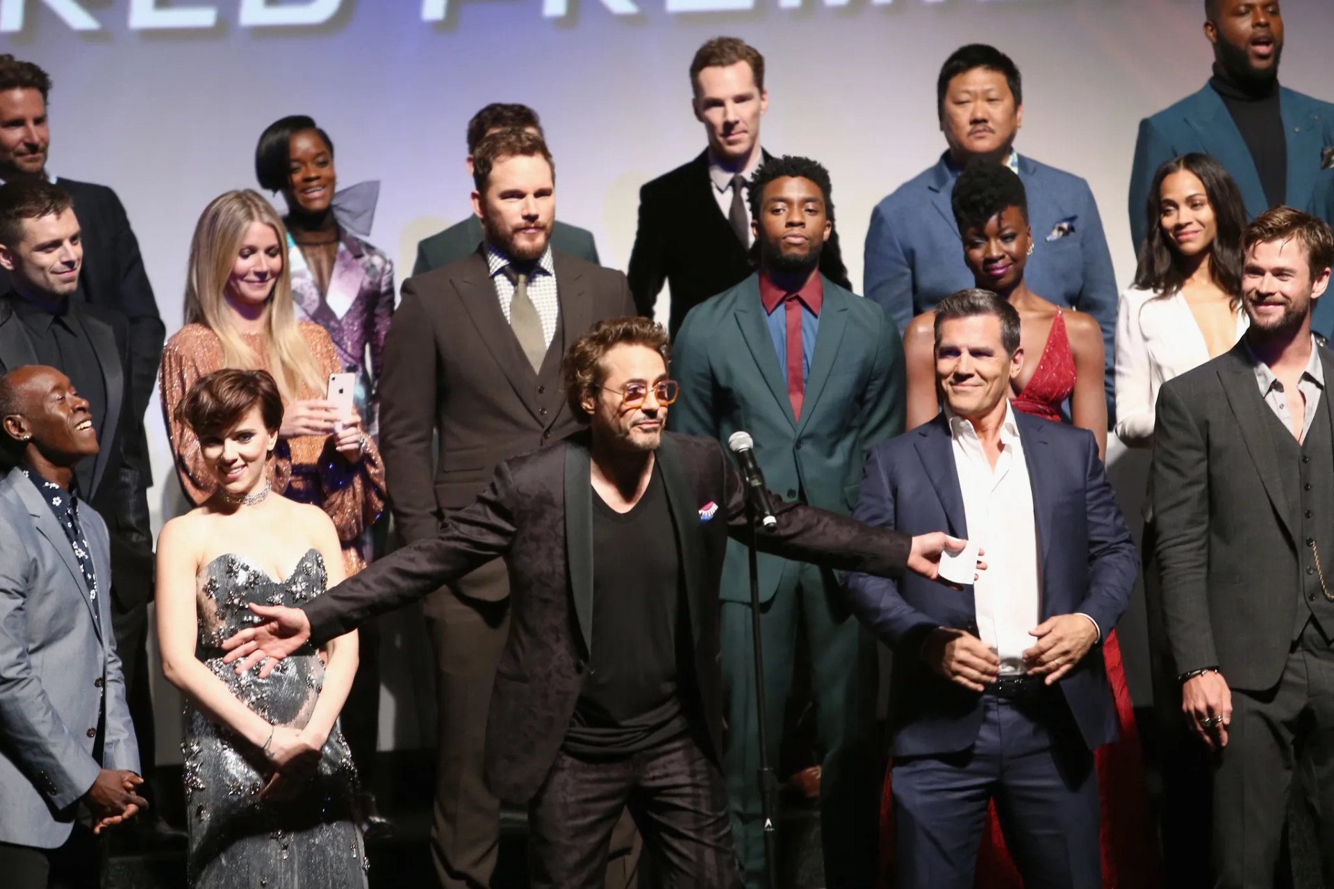 Don Cheadle, Robert Downey Jr., Gwyneth Paltrow, Josh Brolin, Bradley Cooper, Scarlett Johansson, Chris Pratt, Zoe Saldana, Benedict Wong, Chris Hemsworth, Benedict Cumberbatch, Chadwick Boseman, Sebastian Stan, Danai Gurira, Letitia Wright, Tom Holland, and Winston Duke at an event for Avengers: Infinity War (2018)