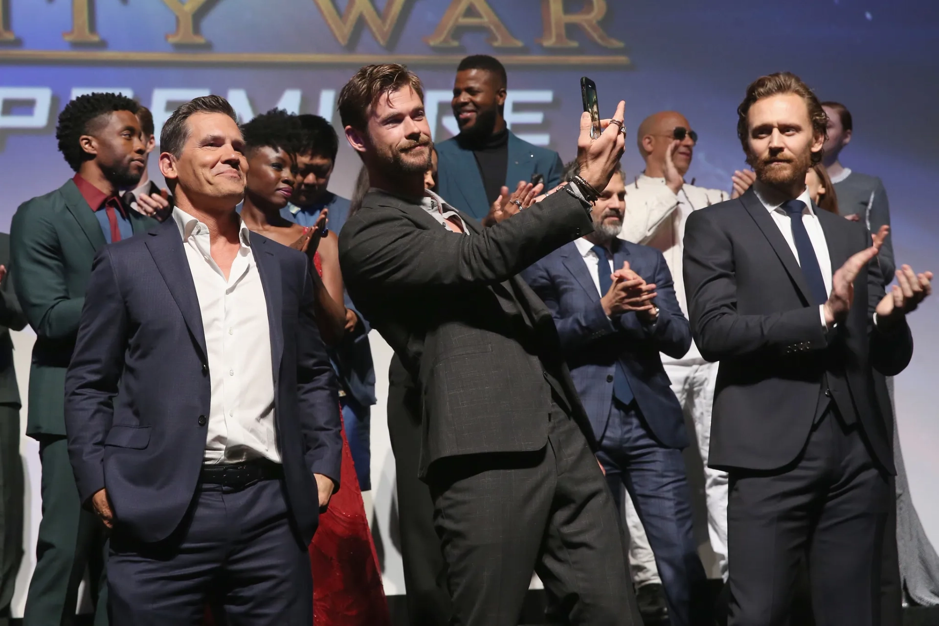 Josh Brolin, Vin Diesel, Elizabeth Olsen, Mark Ruffalo, Benedict Wong, Tom Hiddleston, Chris Hemsworth, Benedict Cumberbatch, Chadwick Boseman, Danai Gurira, Karen Gillan, and Winston Duke at an event for Avengers: Infinity War (2018)