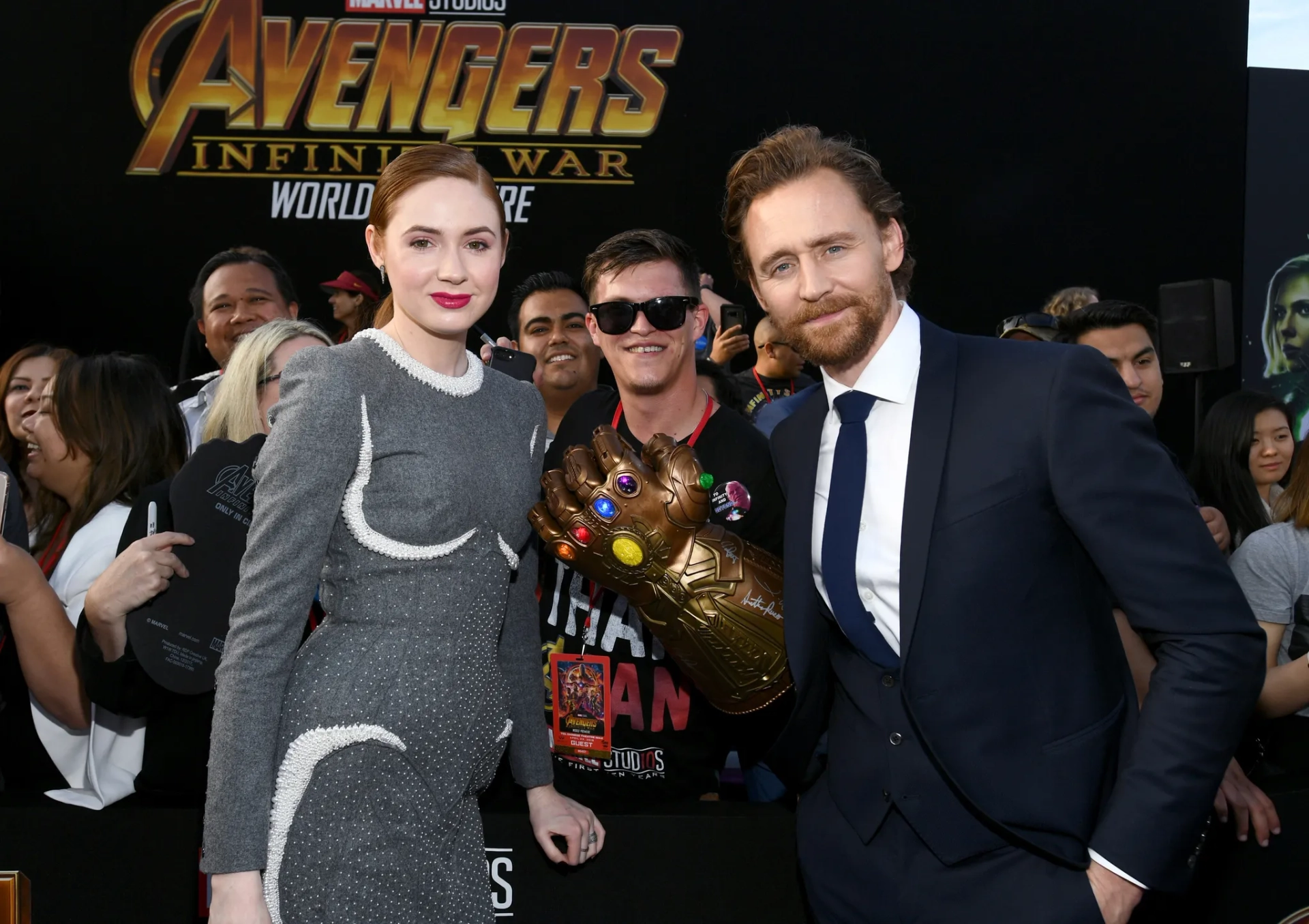 Tom Hiddleston and Karen Gillan at an event for Avengers: Infinity War (2018)