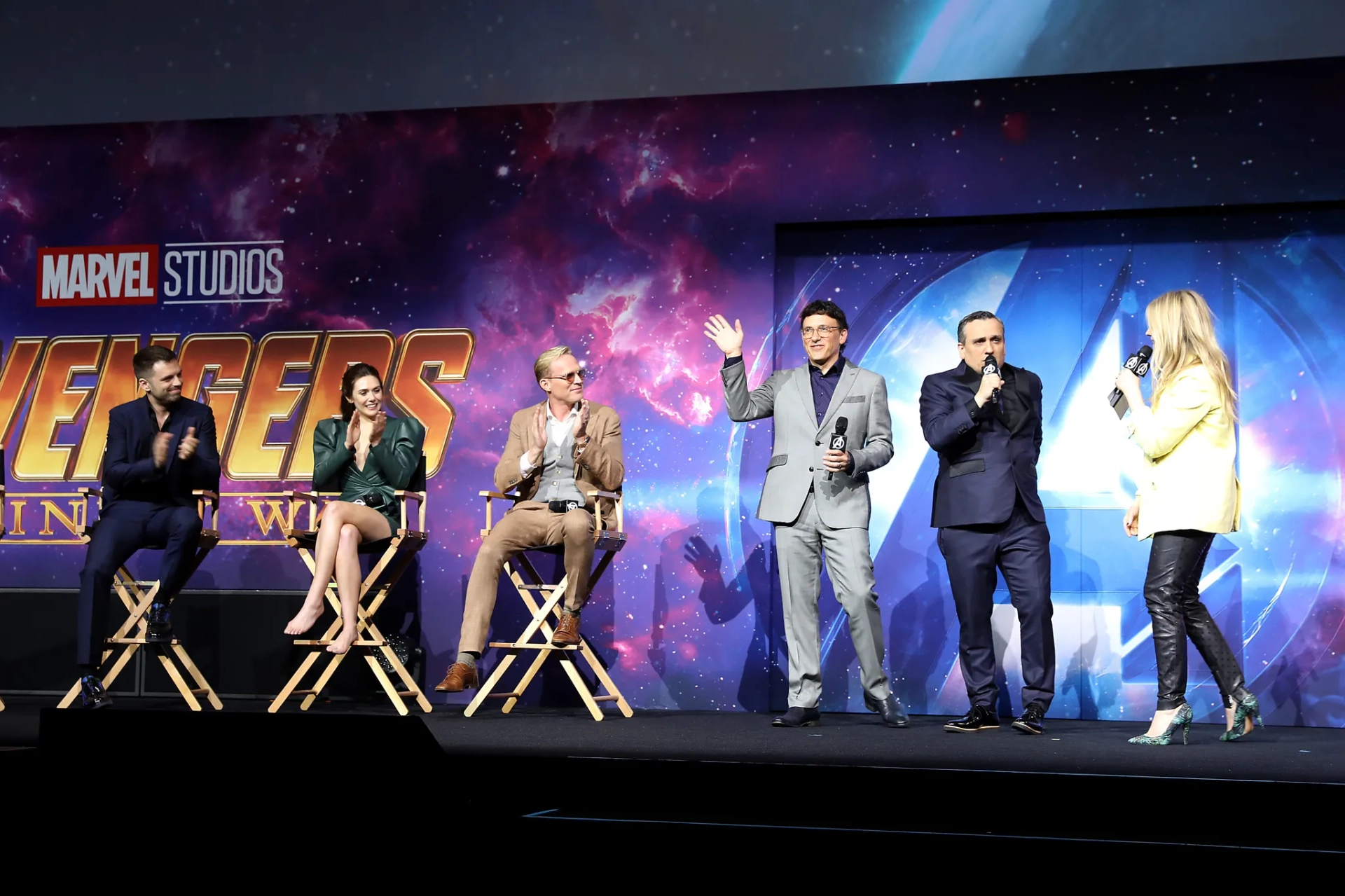 Paul Bettany, Elizabeth Olsen, Anthony Russo, Joe Russo, and Sebastian Stan at an event for Avengers: Infinity War (2018)