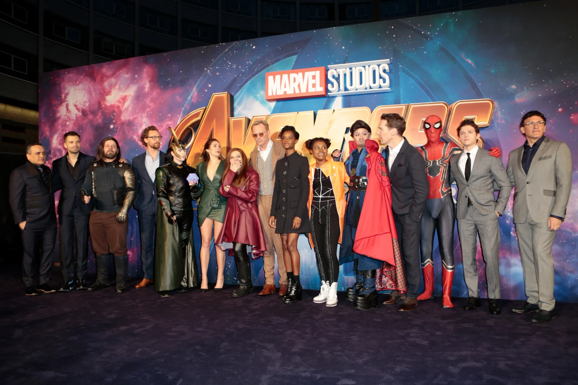 Paul Bettany, Elizabeth Olsen, Anthony Russo, Joe Russo, Tom Hiddleston, Benedict Cumberbatch, Sebastian Stan, Letitia Wright, and Tom Holland at an event for Avengers: Infinity War (2018)