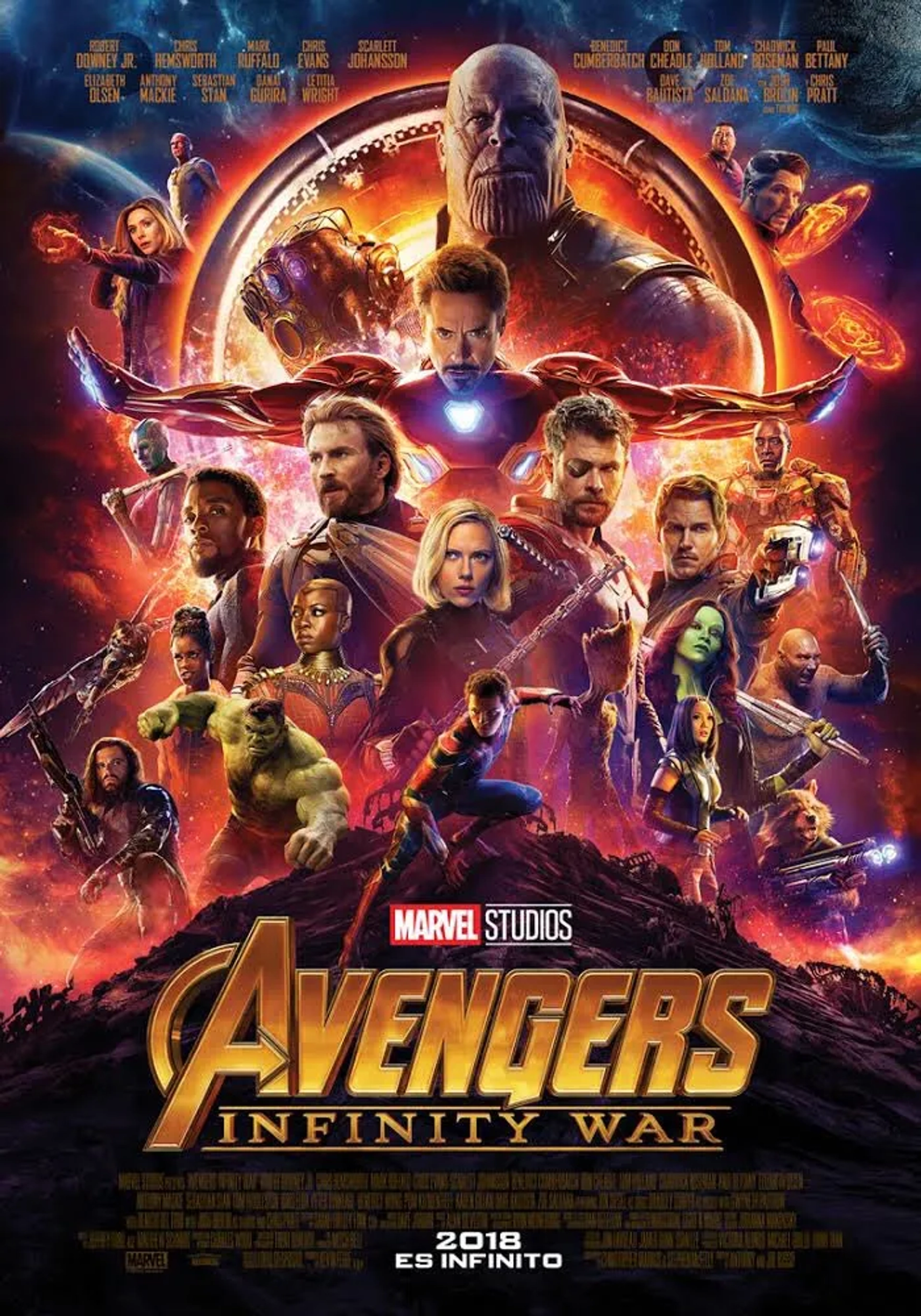 Don Cheadle, Robert Downey Jr., Josh Brolin, Vin Diesel, Paul Bettany, Bradley Cooper, Chris Evans, Scarlett Johansson, Elizabeth Olsen, Chris Pratt, Mark Ruffalo, Zoe Saldana, Benedict Wong, Chris Hemsworth, Dave Bautista, Benedict Cumberbatch, Chadwick Boseman, Sebastian Stan, Danai Gurira, and Karen Gillan in Avengers: Infinity War (2018)