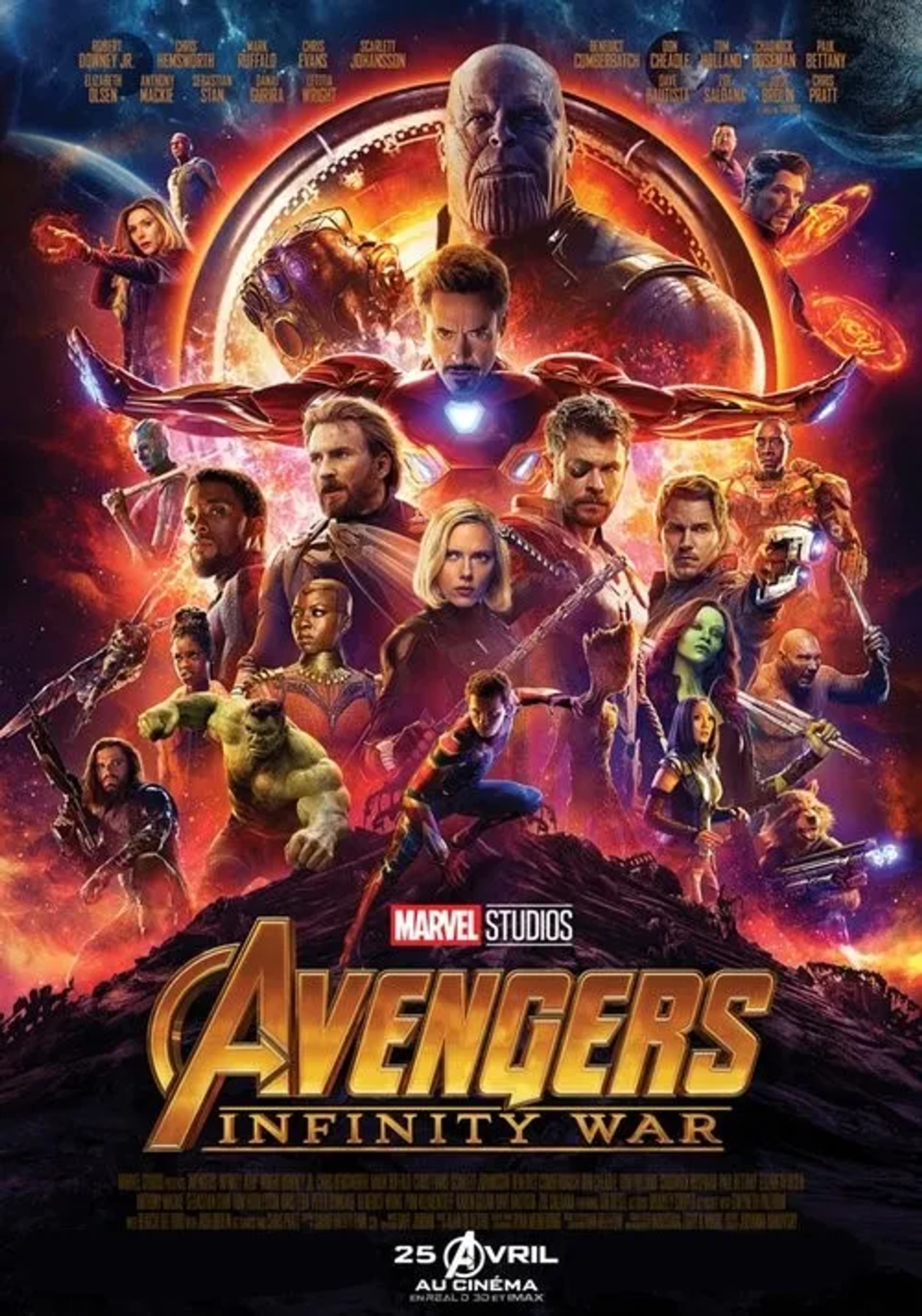 Don Cheadle, Robert Downey Jr., Josh Brolin, Vin Diesel, Paul Bettany, Bradley Cooper, Chris Evans, Scarlett Johansson, Elizabeth Olsen, Chris Pratt, Mark Ruffalo, Zoe Saldana, Chris Hemsworth, Dave Bautista, Benedict Cumberbatch, Chadwick Boseman, Sebastian Stan, Danai Gurira, and Karen Gillan in Avengers: Infinity War (2018)