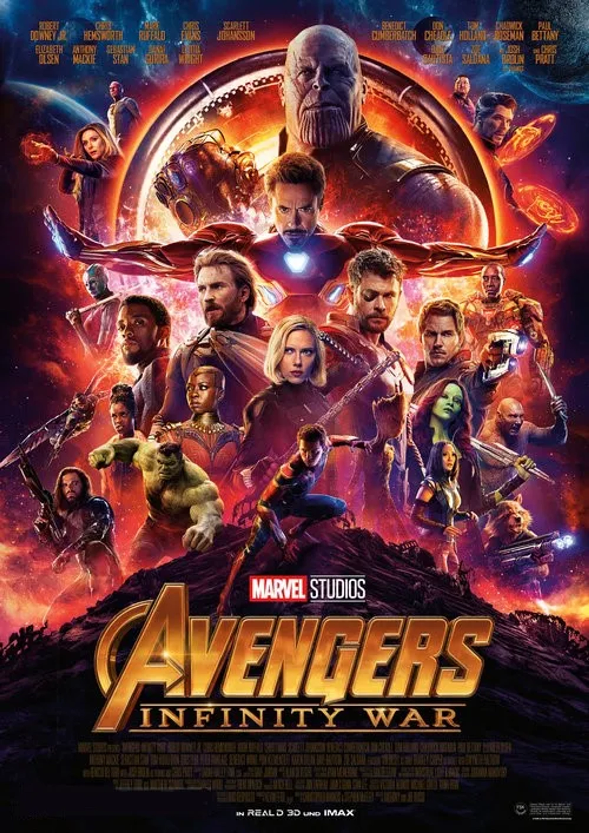 Don Cheadle, Robert Downey Jr., Josh Brolin, Vin Diesel, Paul Bettany, Bradley Cooper, Chris Evans, Scarlett Johansson, Elizabeth Olsen, Chris Pratt, Mark Ruffalo, Zoe Saldana, Tom Hiddleston, Chris Hemsworth, Dave Bautista, Benedict Cumberbatch, Chadwick Boseman, Sebastian Stan, Danai Gurira, and Karen Gillan in Avengers: Infinity War (2018)