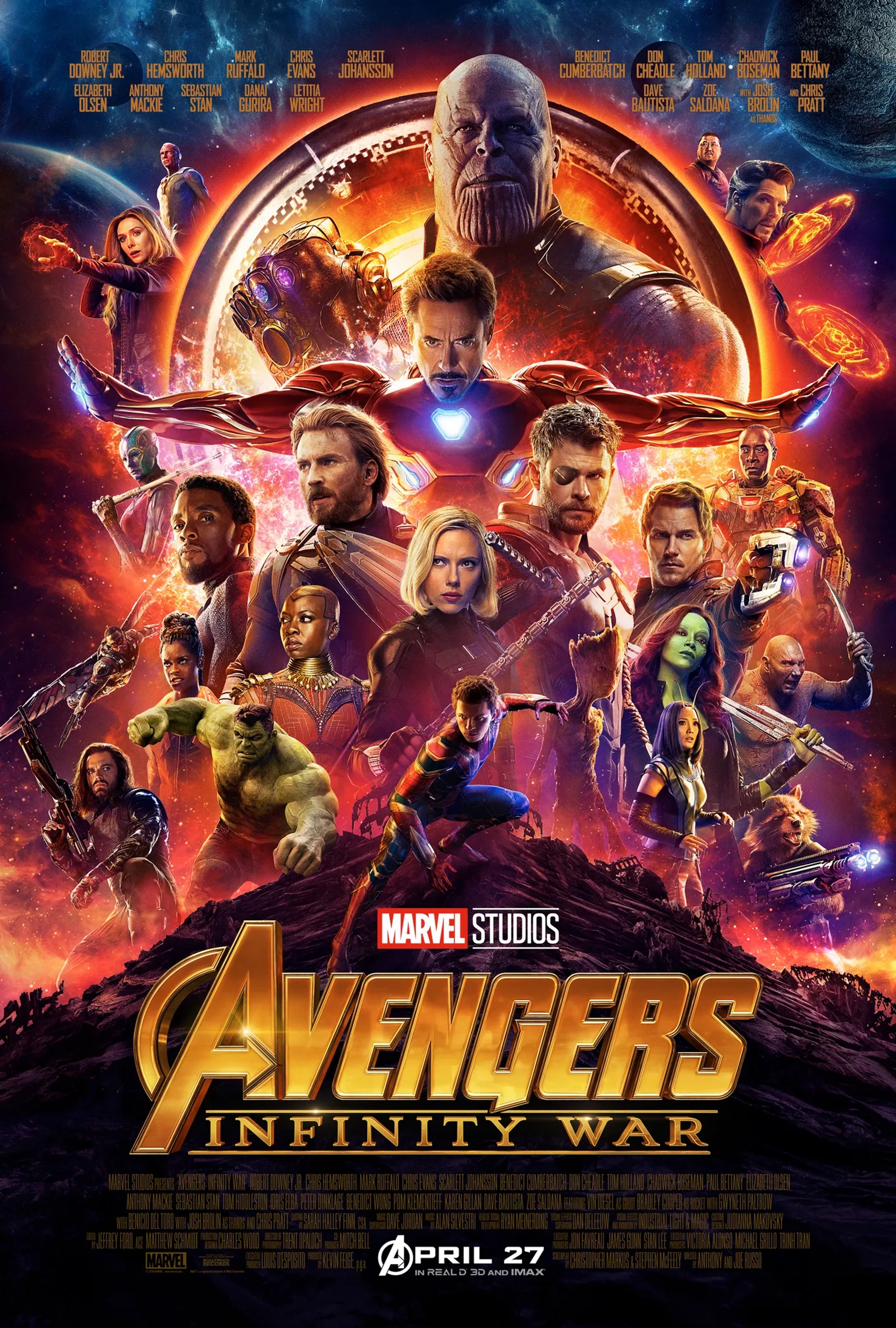 Don Cheadle, Robert Downey Jr., Josh Brolin, Vin Diesel, Paul Bettany, Bradley Cooper, Chris Evans, Scarlett Johansson, Elizabeth Olsen, Chris Pratt, Mark Ruffalo, Zoe Saldana, Benedict Wong, Anthony Mackie, Chris Hemsworth, Dave Bautista, Benedict Cumberbatch, Chadwick Boseman, Sebastian Stan, Danai Gurira, Karen Gillan, Pom Klementieff, Letitia Wright, and Tom Holland in Avengers: Infinity War (2018)