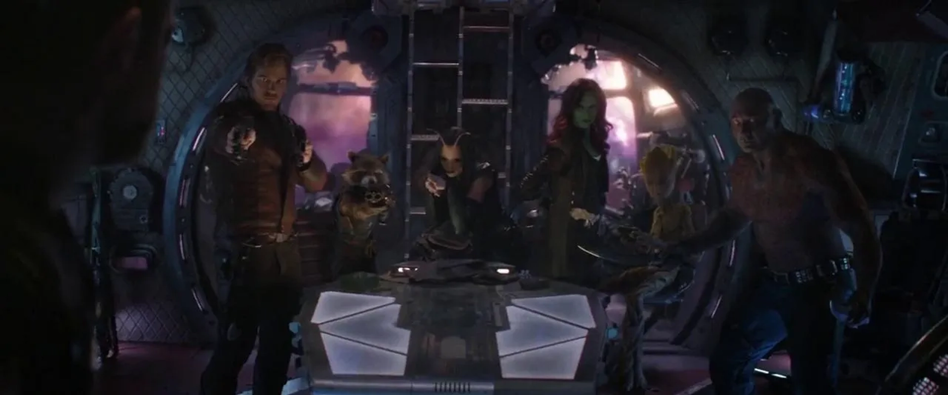 Vin Diesel, Bradley Cooper, Chris Pratt, Zoe Saldana, Dave Bautista, and Pom Klementieff in Avengers: Infinity War (2018)