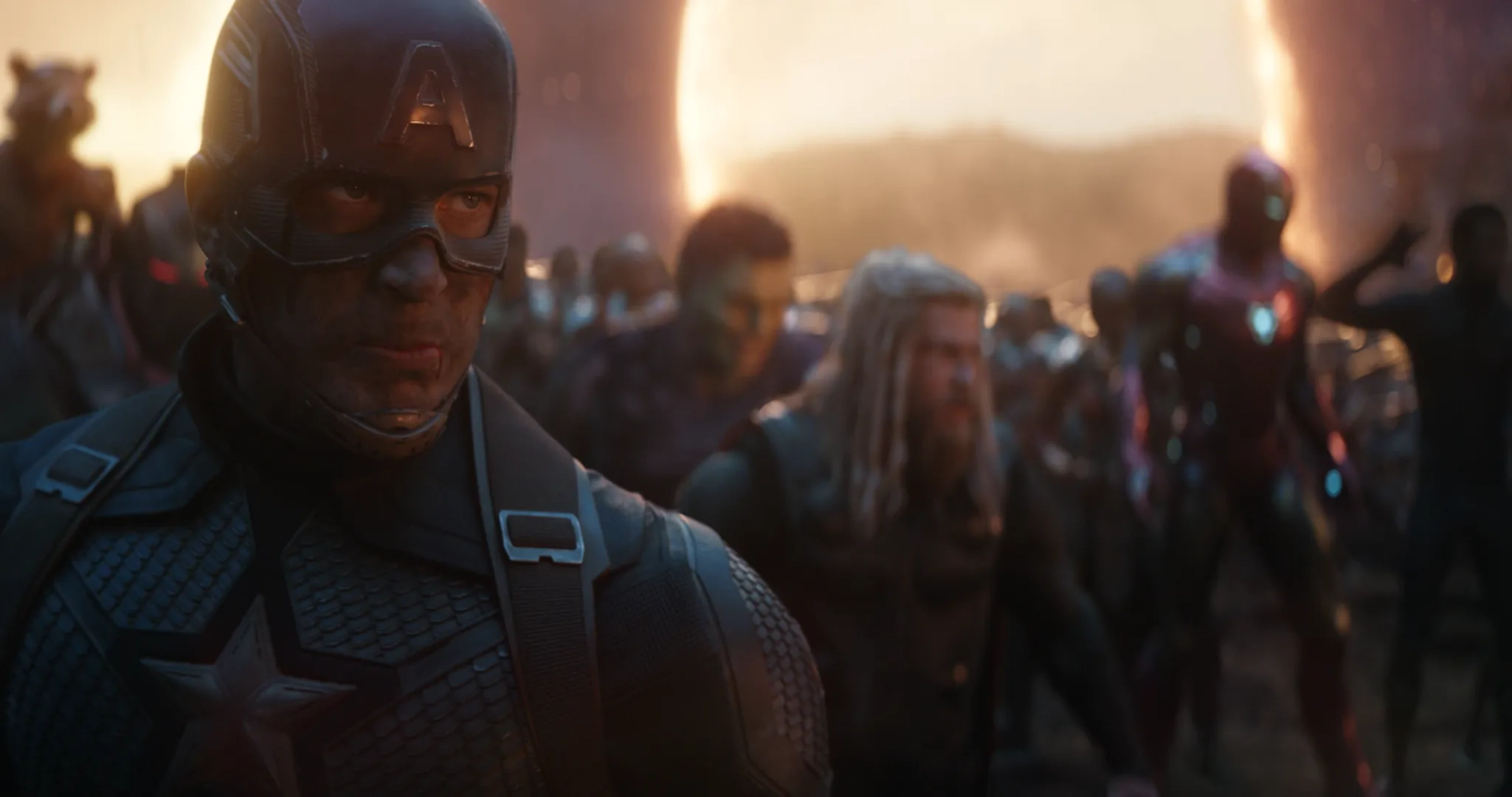 Don Cheadle, Robert Downey Jr., Bradley Cooper, Chris Evans, Mark Ruffalo, Chris Hemsworth, and Chadwick Boseman in Avengers: Endgame (2019)