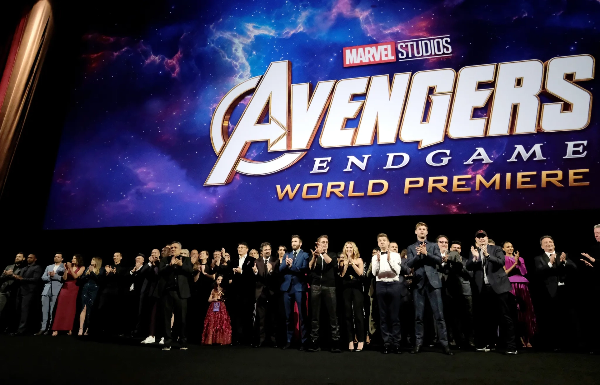 Don Cheadle, Robert Downey Jr., Linda Cardellini, Vin Diesel, Victoria Alonso, Taika Waititi, Bradley Cooper, Louis D'Esposito, Chris Evans, Jon Favreau, Kevin Feige, Frank Grillo, Sean Gunn, Scarlett Johansson, Brie Larson, Elizabeth Olsen, Chris Pratt, Jeremy Renner, Paul Rudd, Mark Ruffalo, Anthony Russo, Joe Russo, Zoe Saldana, Hiroyuki Sanada, Benedict Wong, Anthony Mackie, Cobie Smulders, Chris Hemsworth, Benedict Cumberbatch, Christopher Markus, Stephen McFeely, Evangeline Lilly, Sebastian Stan, Tessa Thompson, Karen Gillan, Trinh Tran, Ross Marquand, Pom Klementieff, Emma Fuhrmann, Letitia Wright, and Lexi Rabe at an event for Avengers: Endgame (2019)