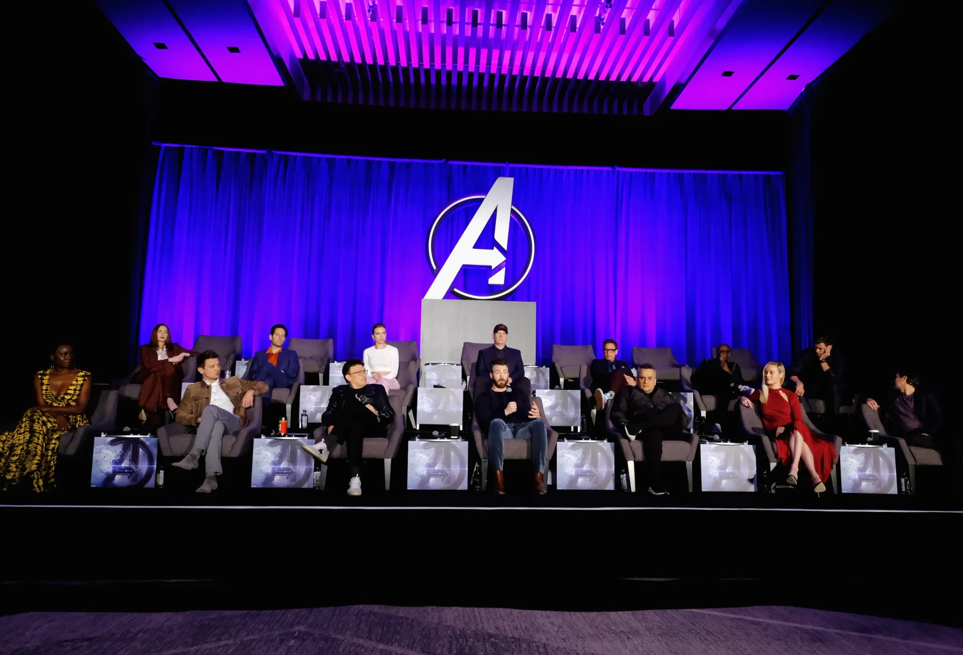 Don Cheadle, Robert Downey Jr., Chris Evans, Kevin Feige, Scarlett Johansson, Brie Larson, Jeremy Renner, Paul Rudd, Mark Ruffalo, Anthony Russo, Joe Russo, Chris Hemsworth, Danai Gurira, and Karen Gillan at an event for Avengers: Endgame (2019)