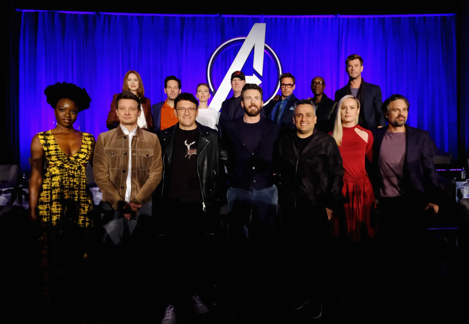 Don Cheadle, Robert Downey Jr., Chris Evans, Kevin Feige, Scarlett Johansson, Brie Larson, Jeremy Renner, Paul Rudd, Mark Ruffalo, Anthony Russo, Joe Russo, Chris Hemsworth, Danai Gurira, and Karen Gillan at an event for Avengers: Endgame (2019)