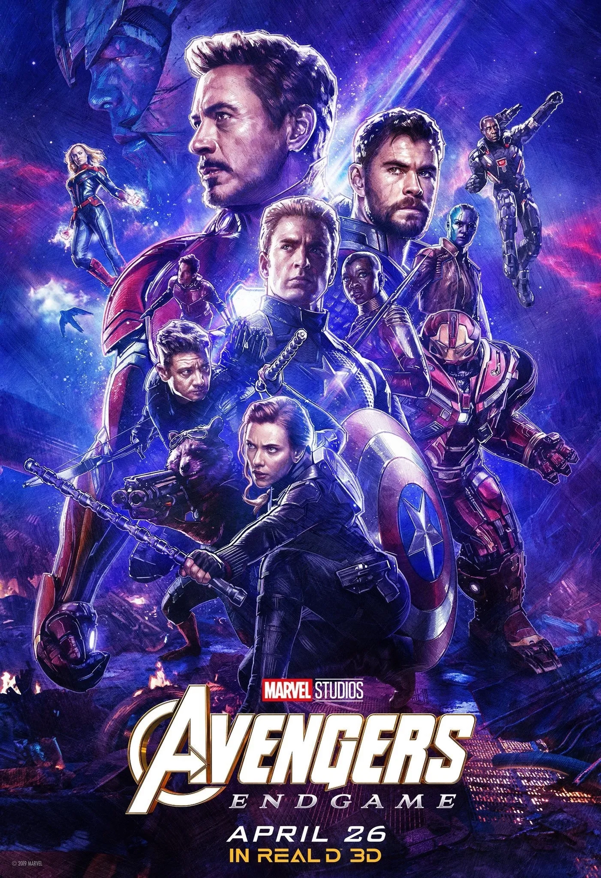 Don Cheadle, Robert Downey Jr., Josh Brolin, Chris Evans, Scarlett Johansson, Brie Larson, Jeremy Renner, Paul Rudd, Chris Hemsworth, Danai Gurira, and Karen Gillan in Avengers: Endgame (2019)