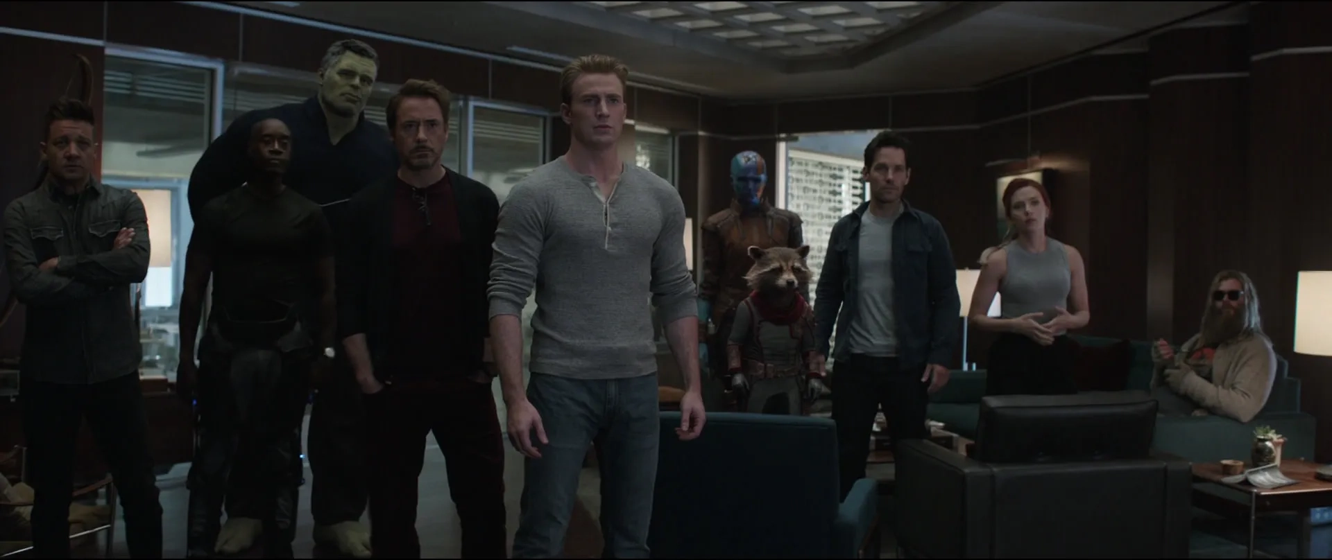 Don Cheadle, Robert Downey Jr., Bradley Cooper, Chris Evans, Scarlett Johansson, Jeremy Renner, Paul Rudd, Mark Ruffalo, Chris Hemsworth, and Karen Gillan in Avengers: Endgame (2019)