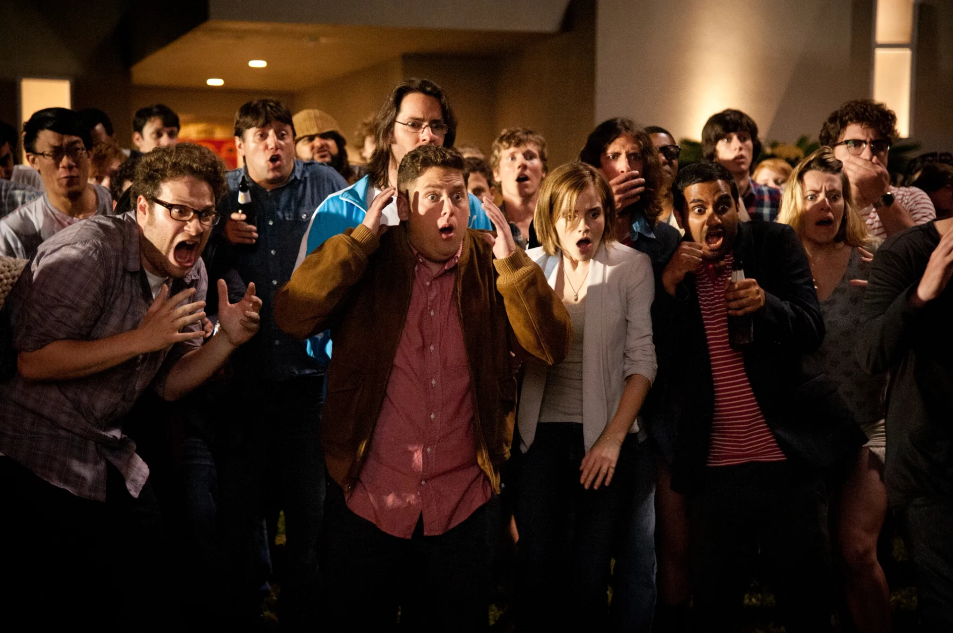Seth Rogen, Martin Starr, Emma Watson, Jonah Hill, and Aziz Ansari in This Is the End (2013)