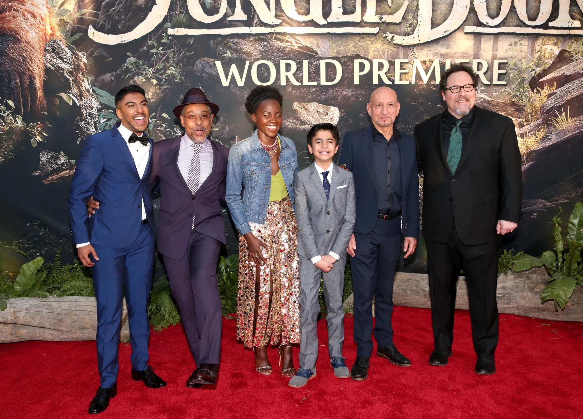 Ben Kingsley, Giancarlo Esposito, Jon Favreau, Lupita Nyong'o, Ritesh Rajan, and Neel Sethi at an event for The Jungle Book (2016)