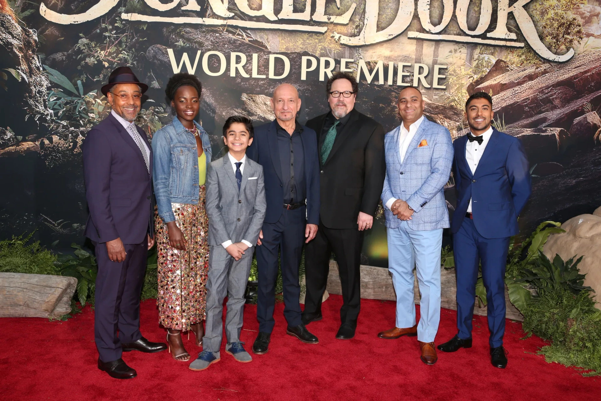 Ben Kingsley, Giancarlo Esposito, Jon Favreau, Clarke Peters, Russell Peters, Lupita Nyong'o, Ritesh Rajan, and Neel Sethi at an event for The Jungle Book (2016)