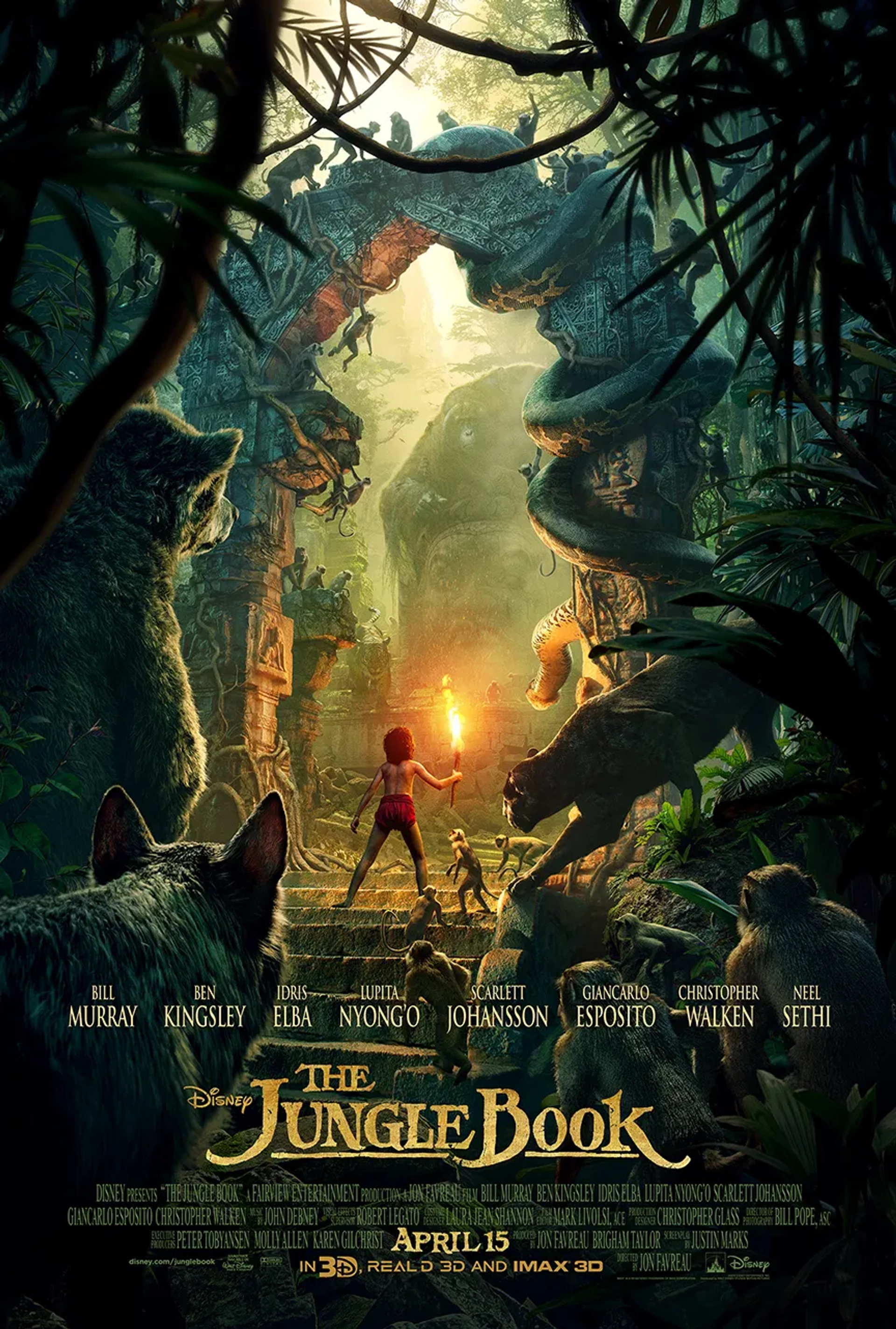 Bill Murray, Christopher Walken, Ben Kingsley, Idris Elba, Scarlett Johansson, Lupita Nyong'o, and Neel Sethi in The Jungle Book (2016)