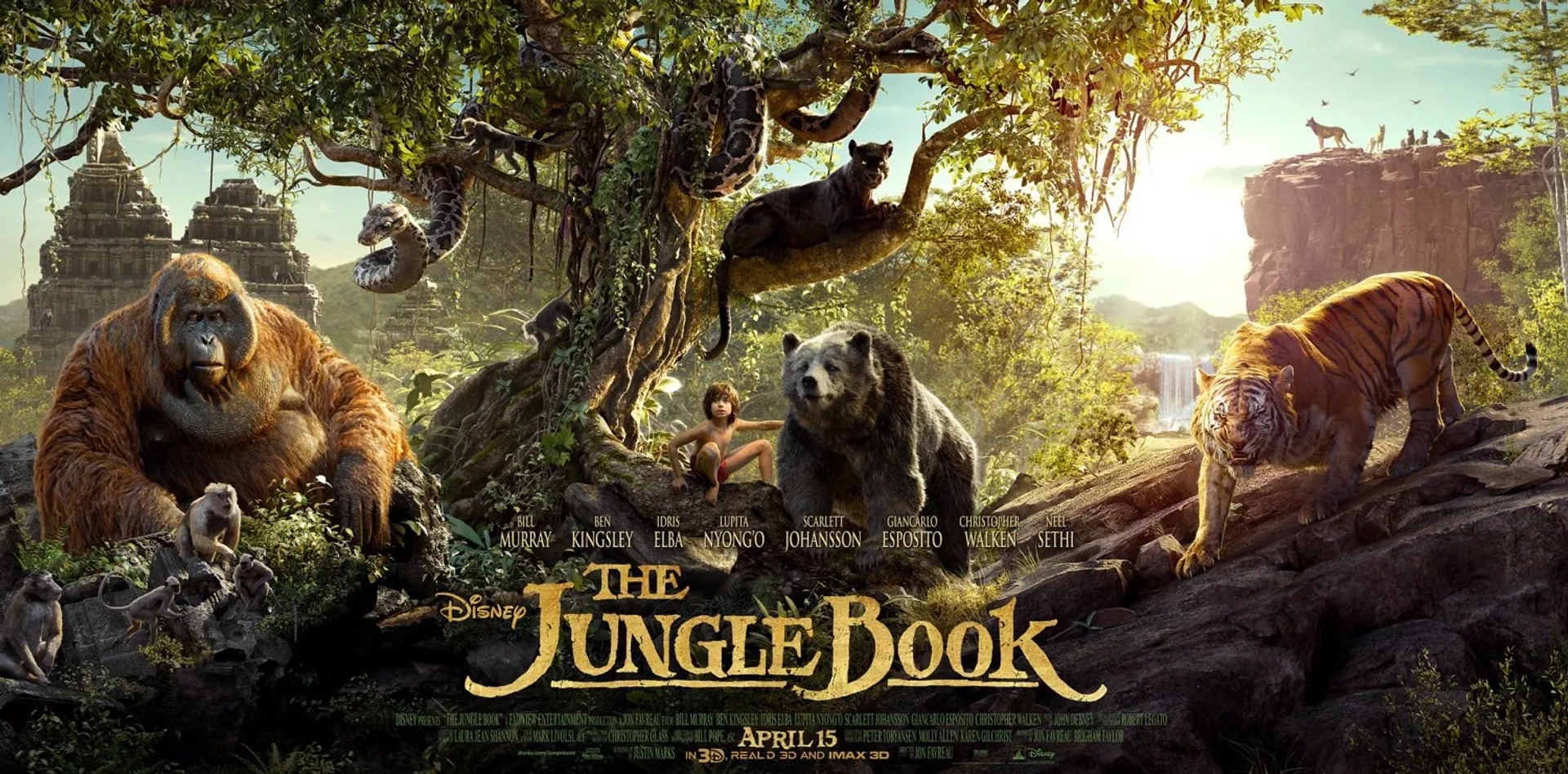 Bill Murray, Christopher Walken, Ben Kingsley, Giancarlo Esposito, Idris Elba, Scarlett Johansson, Lupita Nyong'o, and Neel Sethi in The Jungle Book (2016)