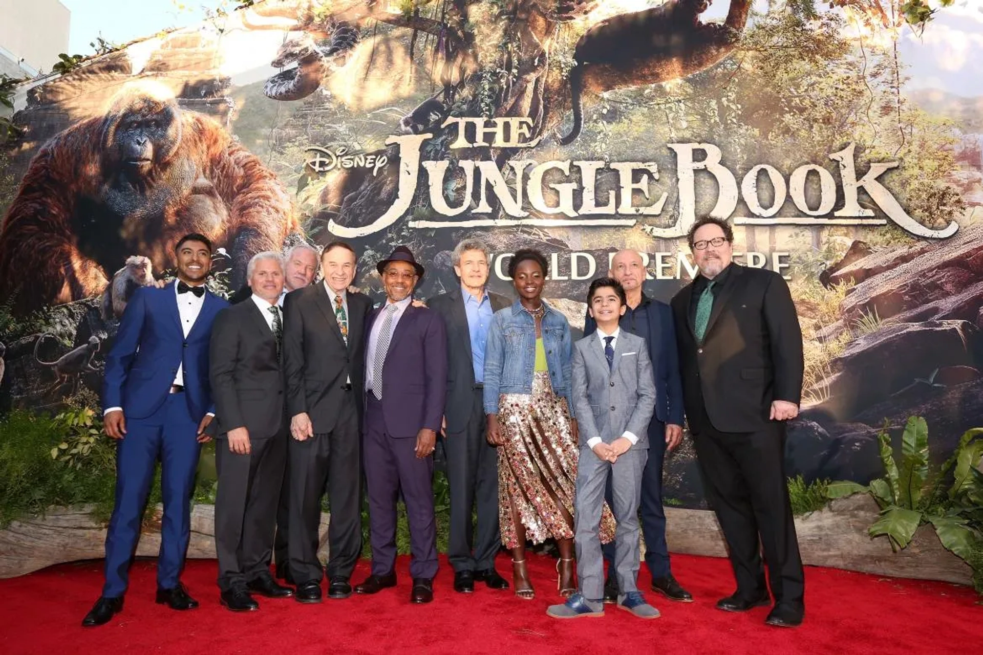 R to L: Jon Favreau, Sir Ben Kingsley, Neel Sethi, Lupita Nyong'o, Alan Horn, Giancarlo Espisito, Richard Sherman, John Debney, Brigham Taylor, Ritesh Rajan.