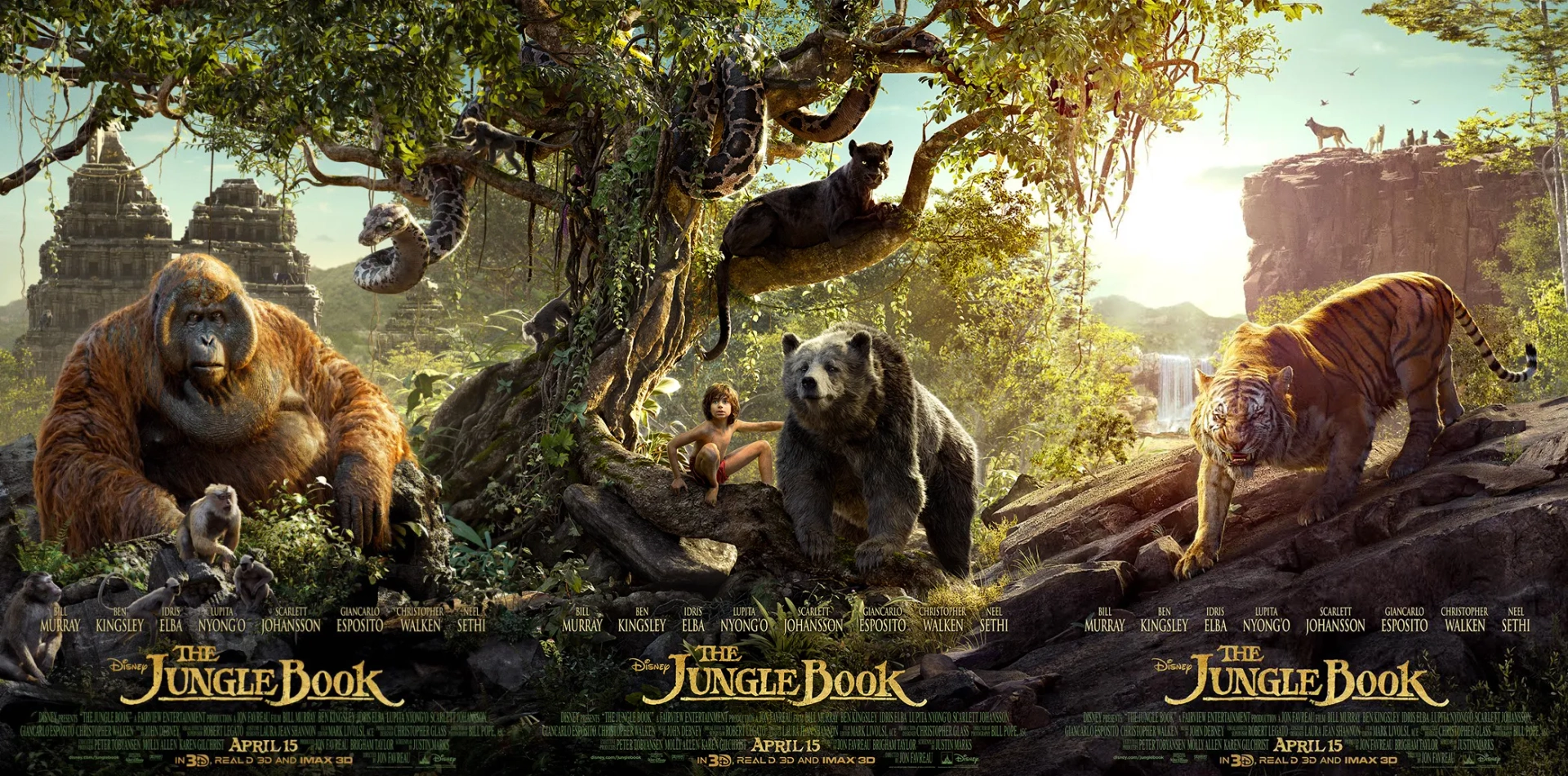 Bill Murray, Christopher Walken, Ben Kingsley, Giancarlo Esposito, Idris Elba, Scarlett Johansson, Lupita Nyong'o, and Neel Sethi in The Jungle Book (2016)