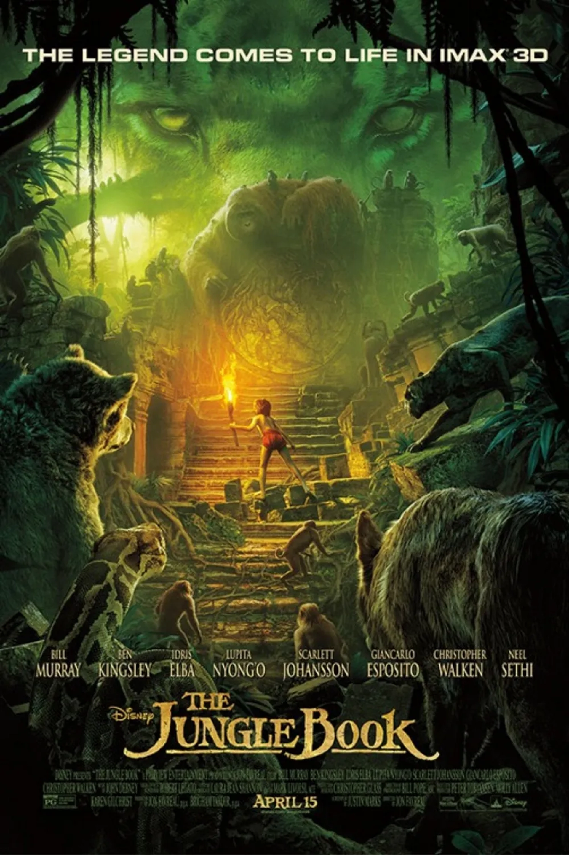 Bill Murray, Christopher Walken, Ben Kingsley, Idris Elba, Scarlett Johansson, Lupita Nyong'o, and Neel Sethi in The Jungle Book (2016)