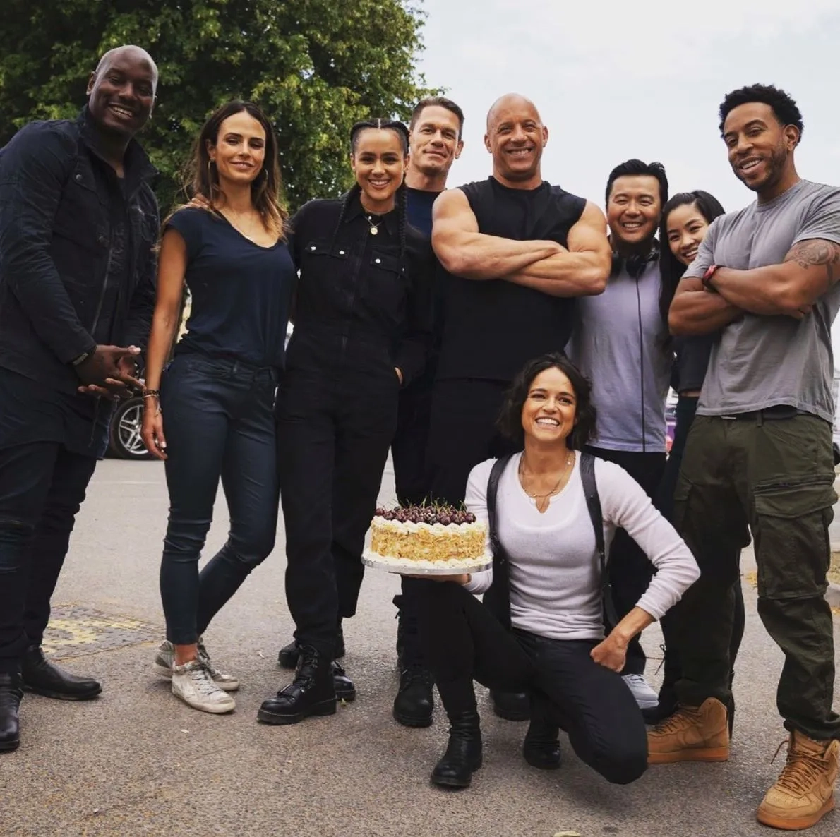 Vin Diesel, Jordana Brewster, Justin Lin, Ludacris, Michelle Rodriguez, Tyrese Gibson, John Cena, Nathalie Emmanuel, and Anna Sawai in F9: The Fast Saga (2021)