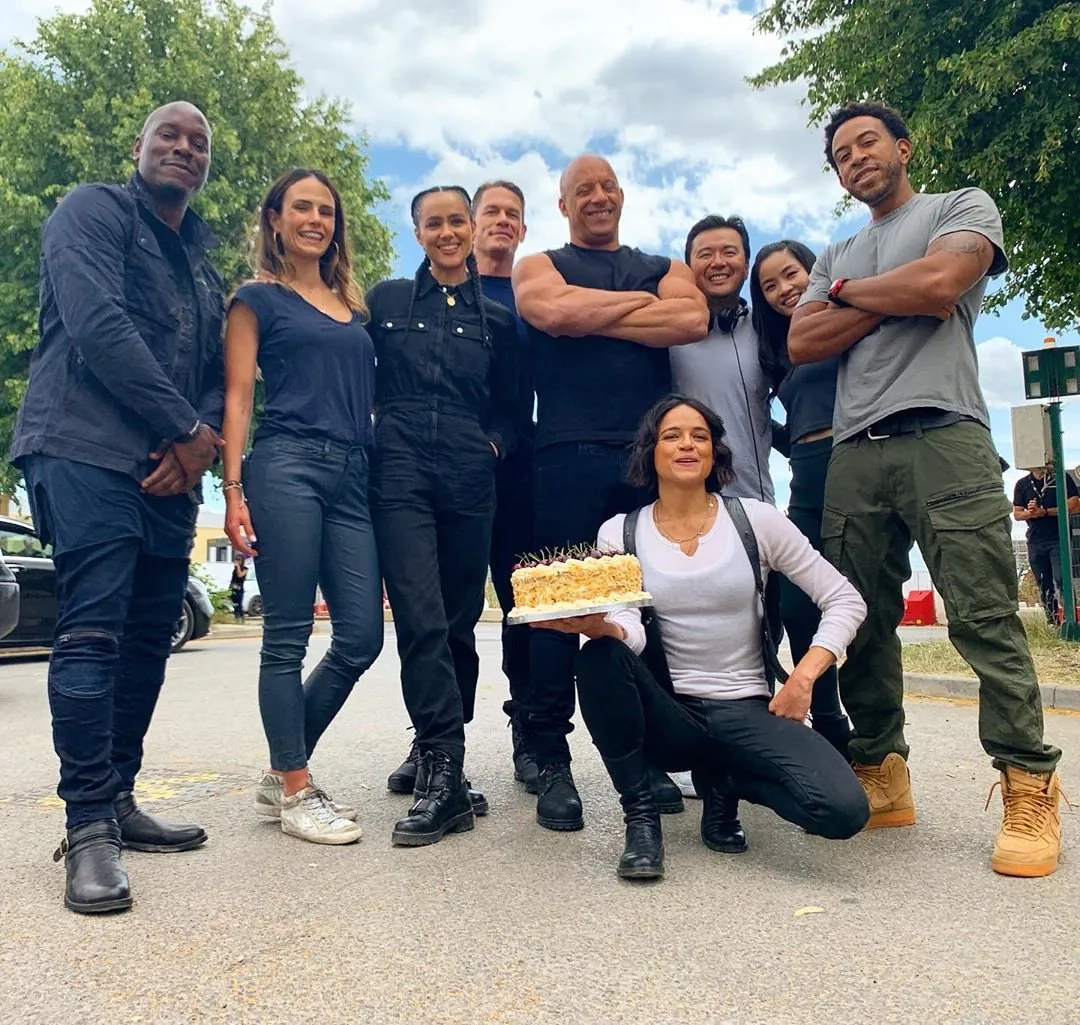Vin Diesel, Jordana Brewster, Justin Lin, Ludacris, Michelle Rodriguez, Tyrese Gibson, John Cena, Nathalie Emmanuel, and Anna Sawai in F9: The Fast Saga (2021)