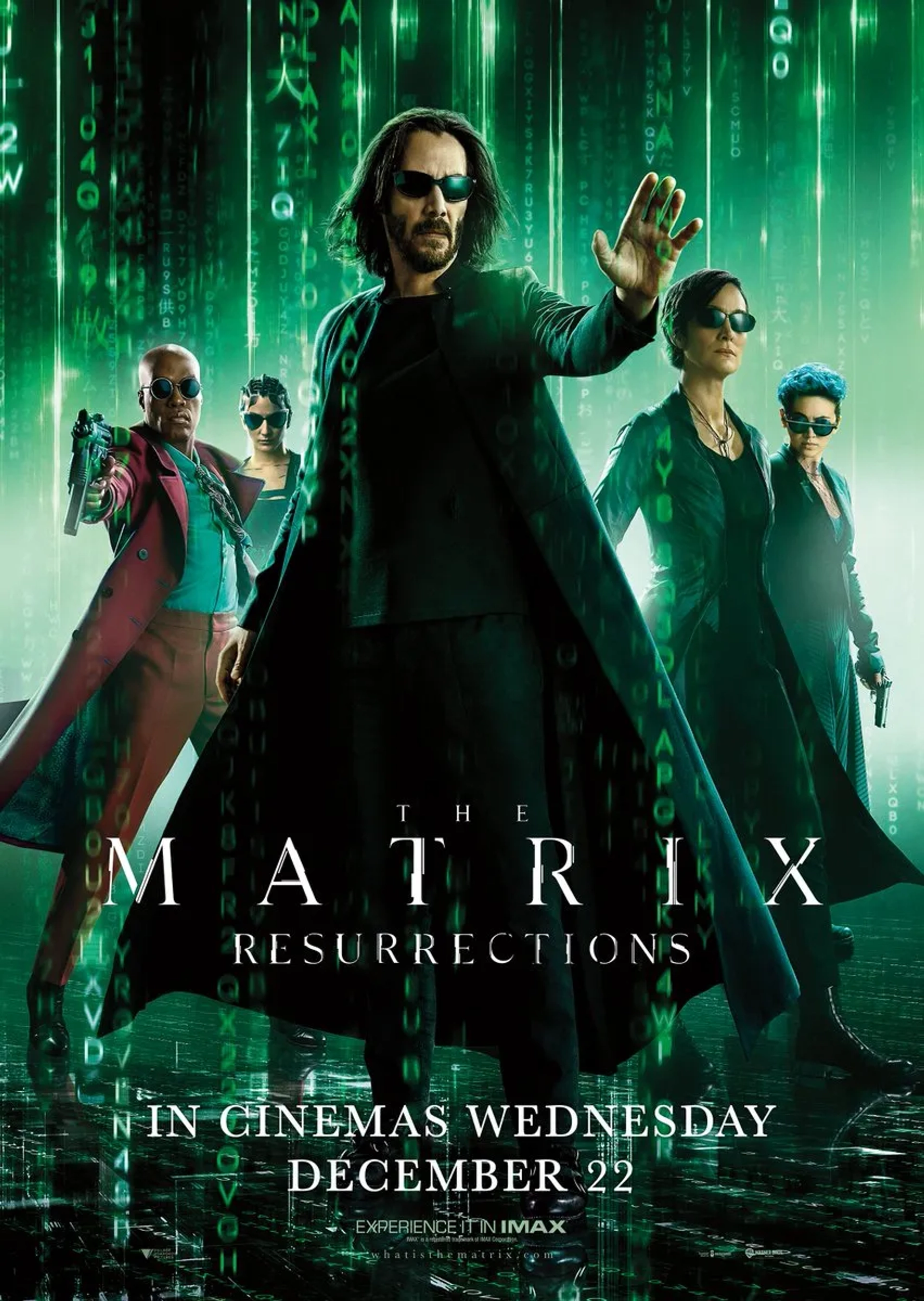 Keanu Reeves, Carrie-Anne Moss, Eréndira Ibarra, Jessica Henwick, and Yahya Abdul-Mateen II in The Matrix Resurrections (2021)