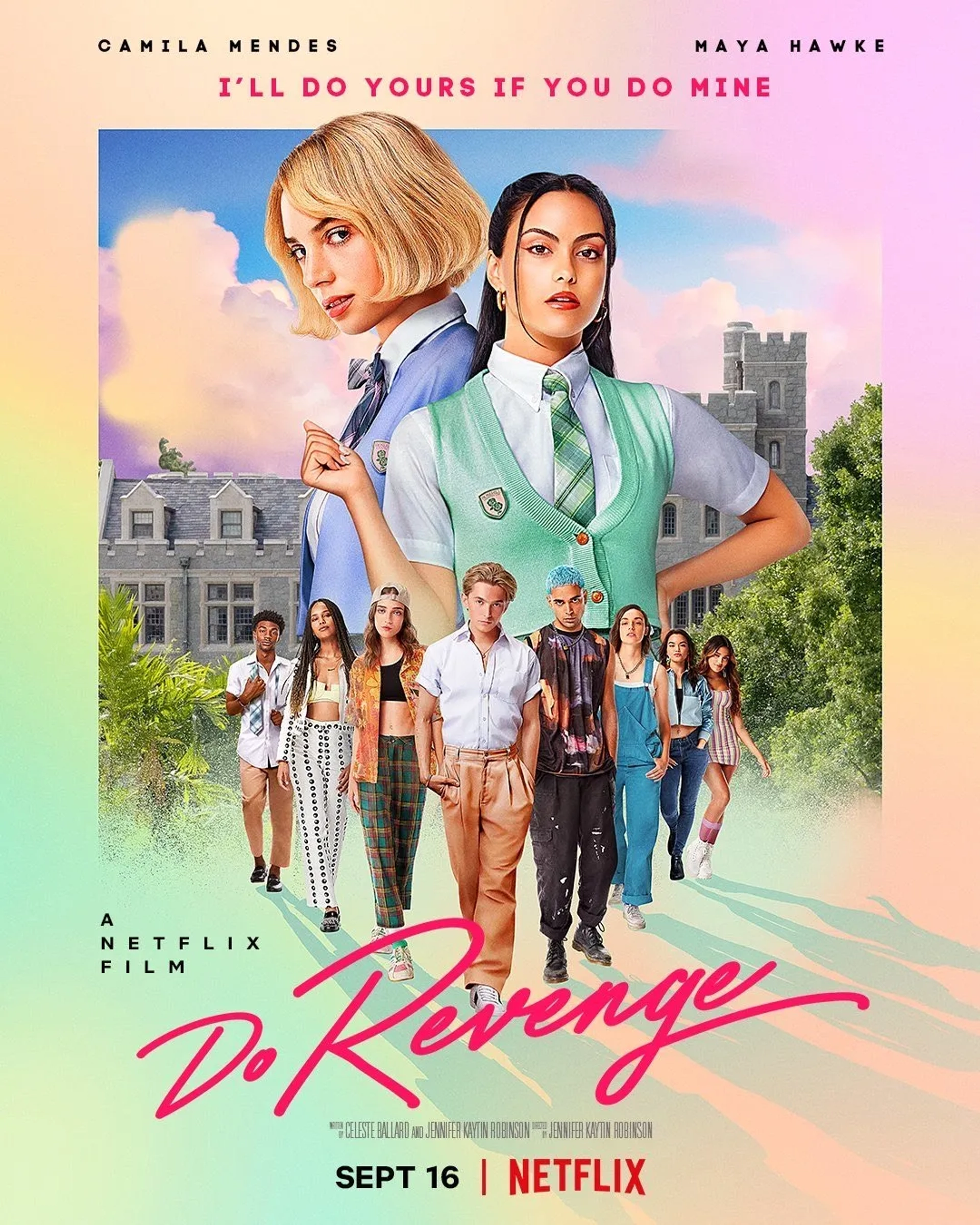 Maya Hawke, Alisha Boe, Austin Abrams, Paris Berelc, J.D., Camila Mendes, Ava Capri, Talia Ryder, Rish Shah, and Maia Reficco in Do Revenge (2022)