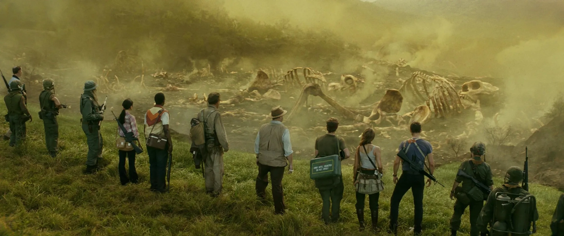 Samuel L. Jackson, John Goodman, John C. Reilly, Brie Larson, Tom Hiddleston, Tian Jing, Marc Evan Jackson, Eugene Cordero, Thomas Mann, Corey Hawkins, and Jason Mitchell in Kong: Skull Island (2017)