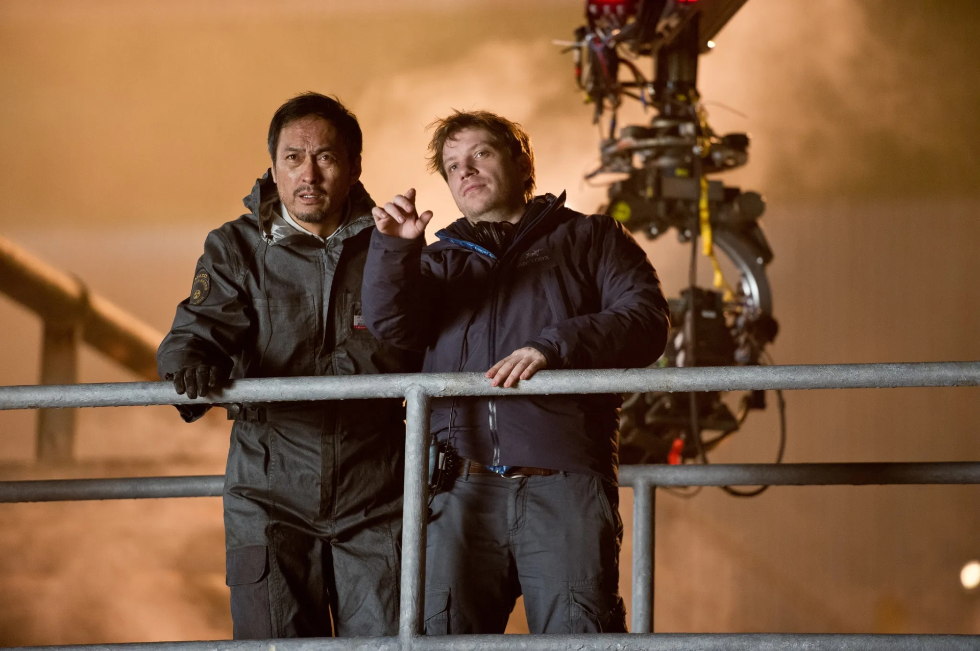 Ken Watanabe and Gareth Edwards in Godzilla (2014)