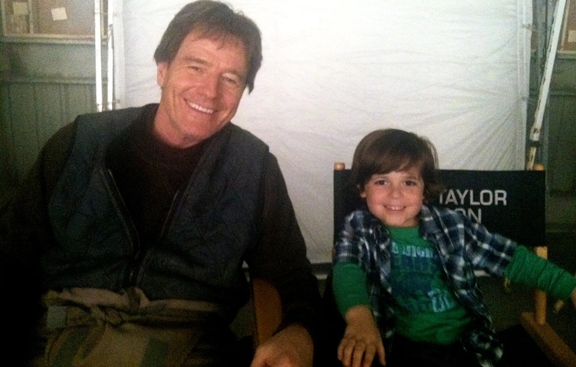 Bryan Cranston and Carson Bolde, Godzilla on-set photo