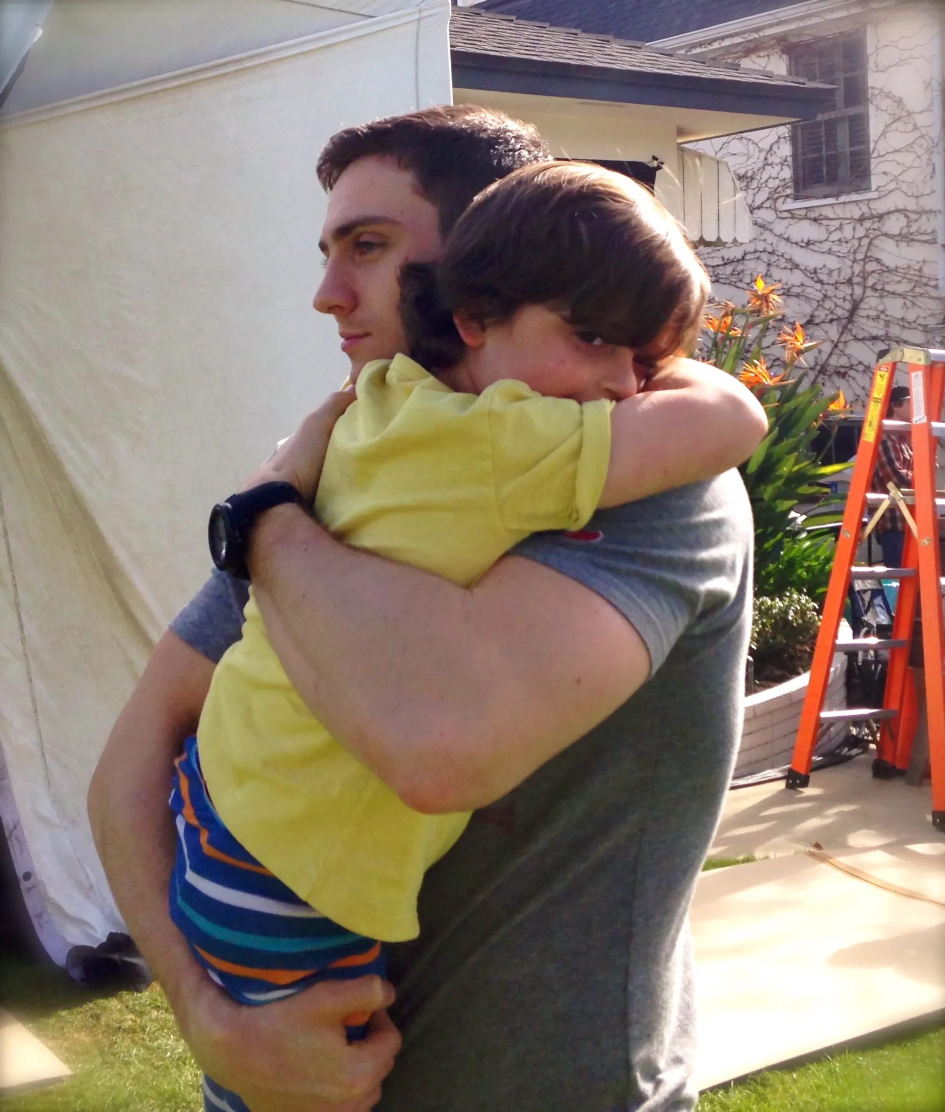 Aaron Taylor-Johnson and Carson Bolde, Godzilla on-set photo