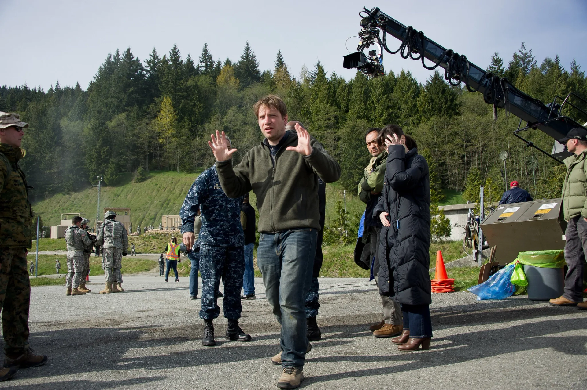 Ken Watanabe, Sally Hawkins, and Gareth Edwards in Godzilla (2014)