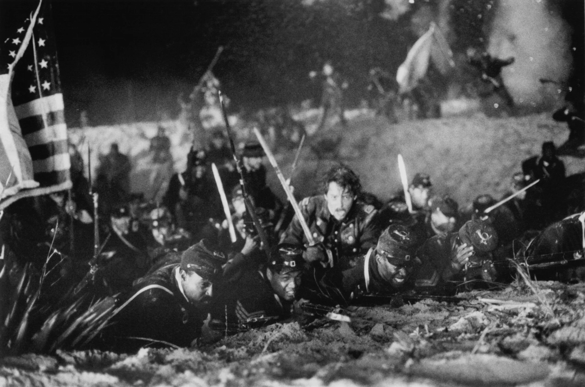 Matthew Broderick, Denzel Washington, and Andre Braugher in Glory (1989)