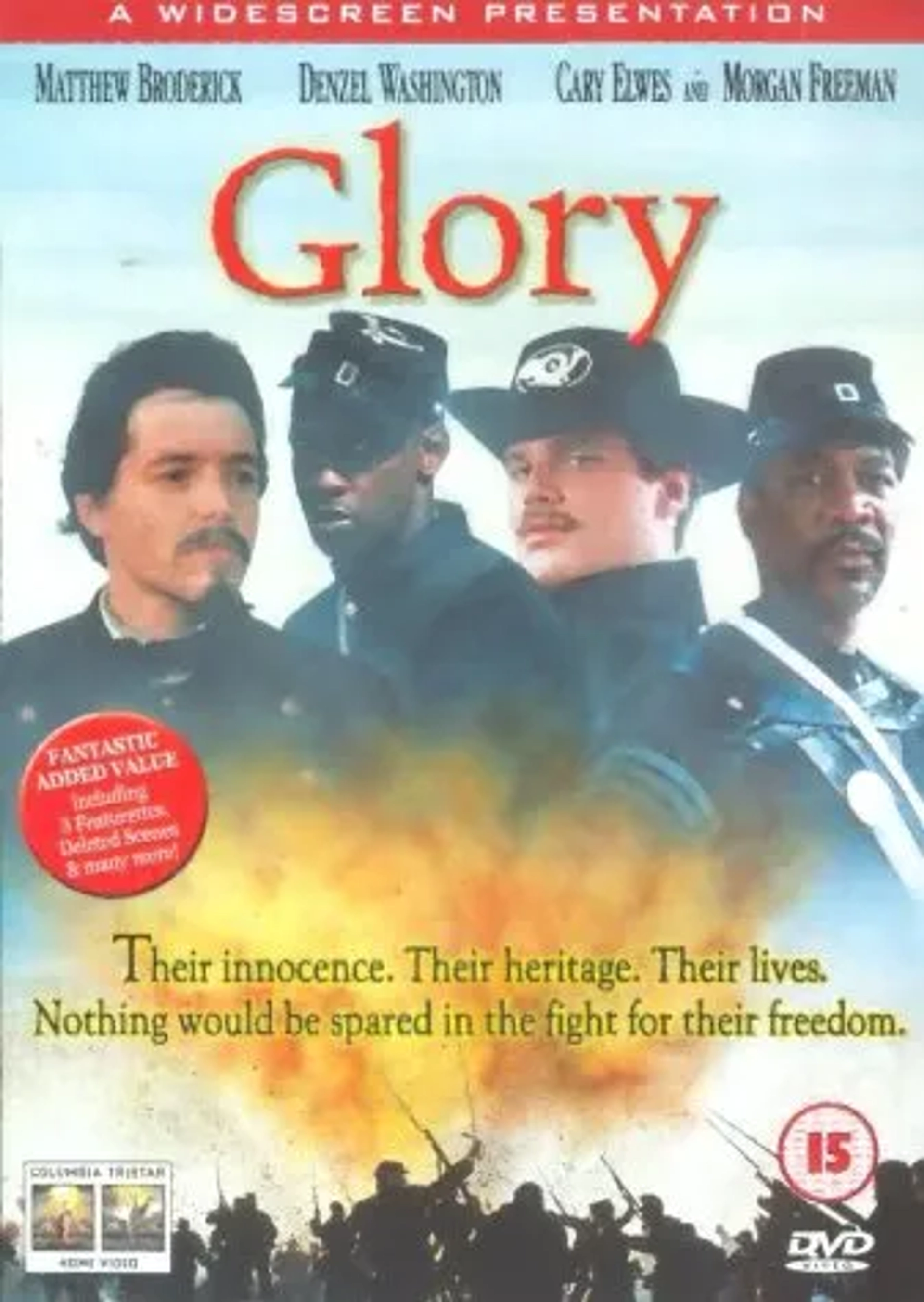 Matthew Broderick, Cary Elwes, Morgan Freeman, and Denzel Washington in Glory (1989)