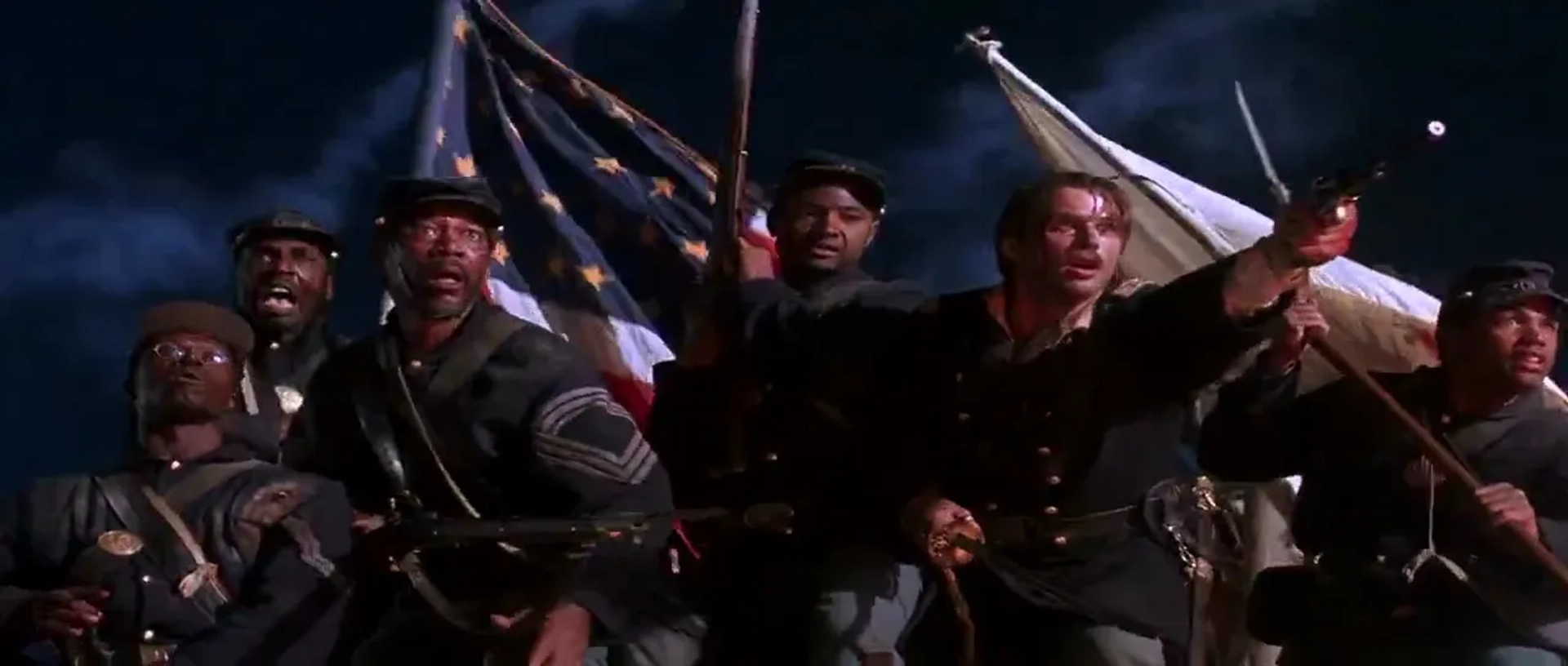 Cary Elwes, Morgan Freeman, Andre Braugher, Jihmi Kennedy, and Mark A. Levy in Glory (1989)