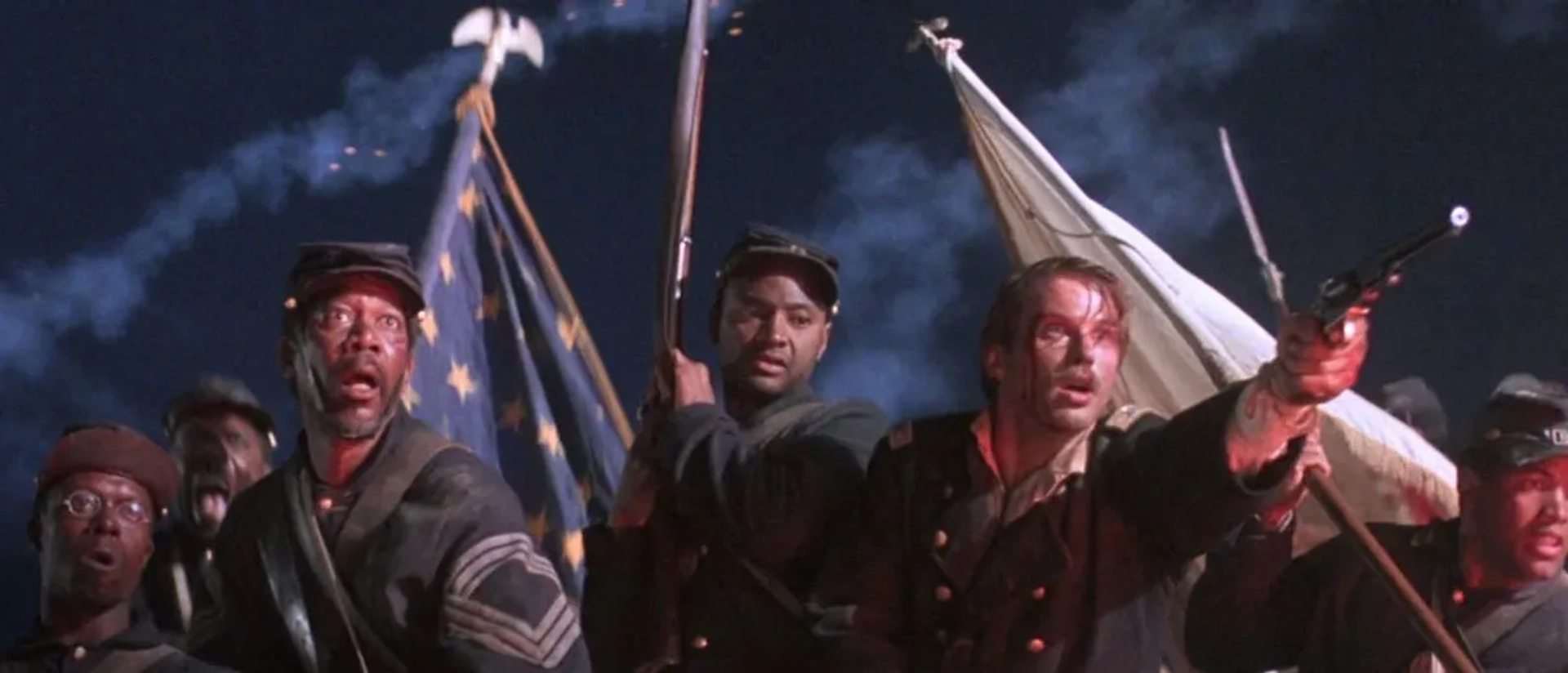 Cary Elwes, Morgan Freeman, Andre Braugher, Mark A. Jones, and Jihmi Kennedy in Glory (1989)